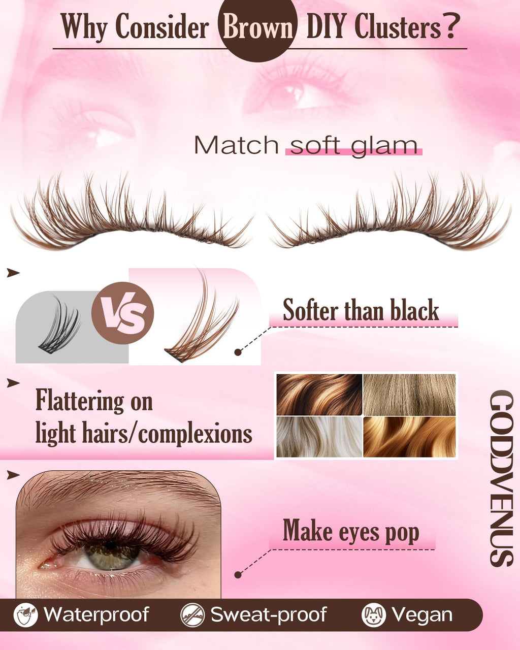 Goddvenus Brown Lash Clusters Kit – 300 Wispy Lashes (10-16mm) DIY Waterproof