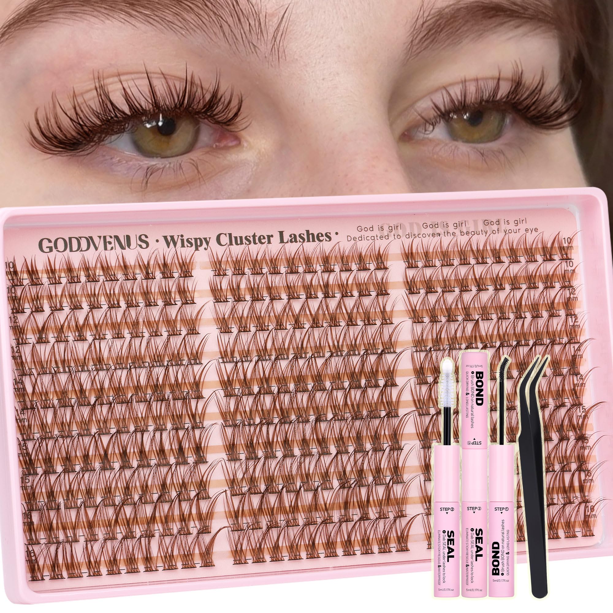 Goddvenus Brown Lash Clusters Kit – 300 Wispy Lashes (10-16mm) DIY Waterproof