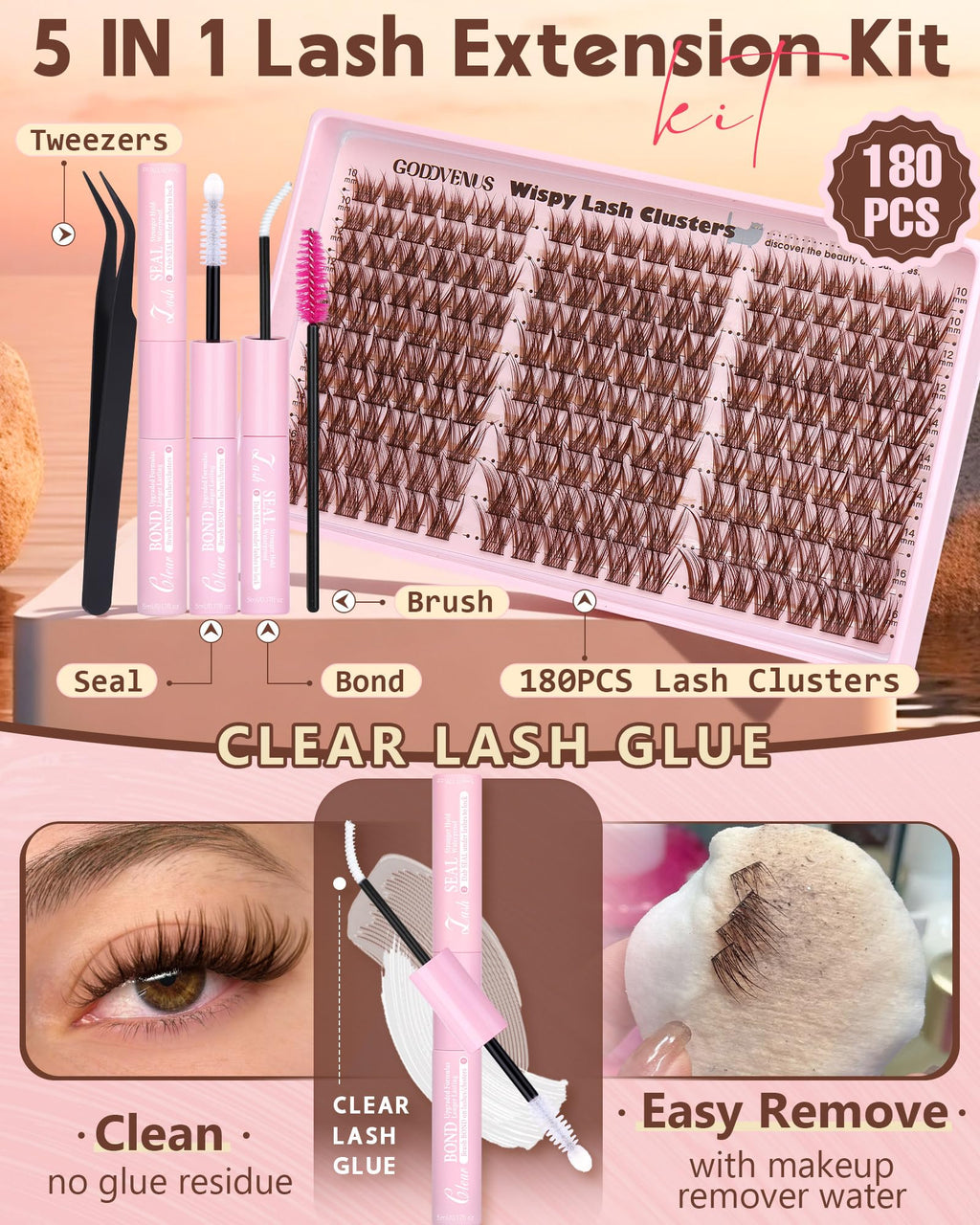 Goddvenus Brown Wispy Lash Clusters Kit – Natural Cluster Eyelashes, C Curl, DIY Extensions