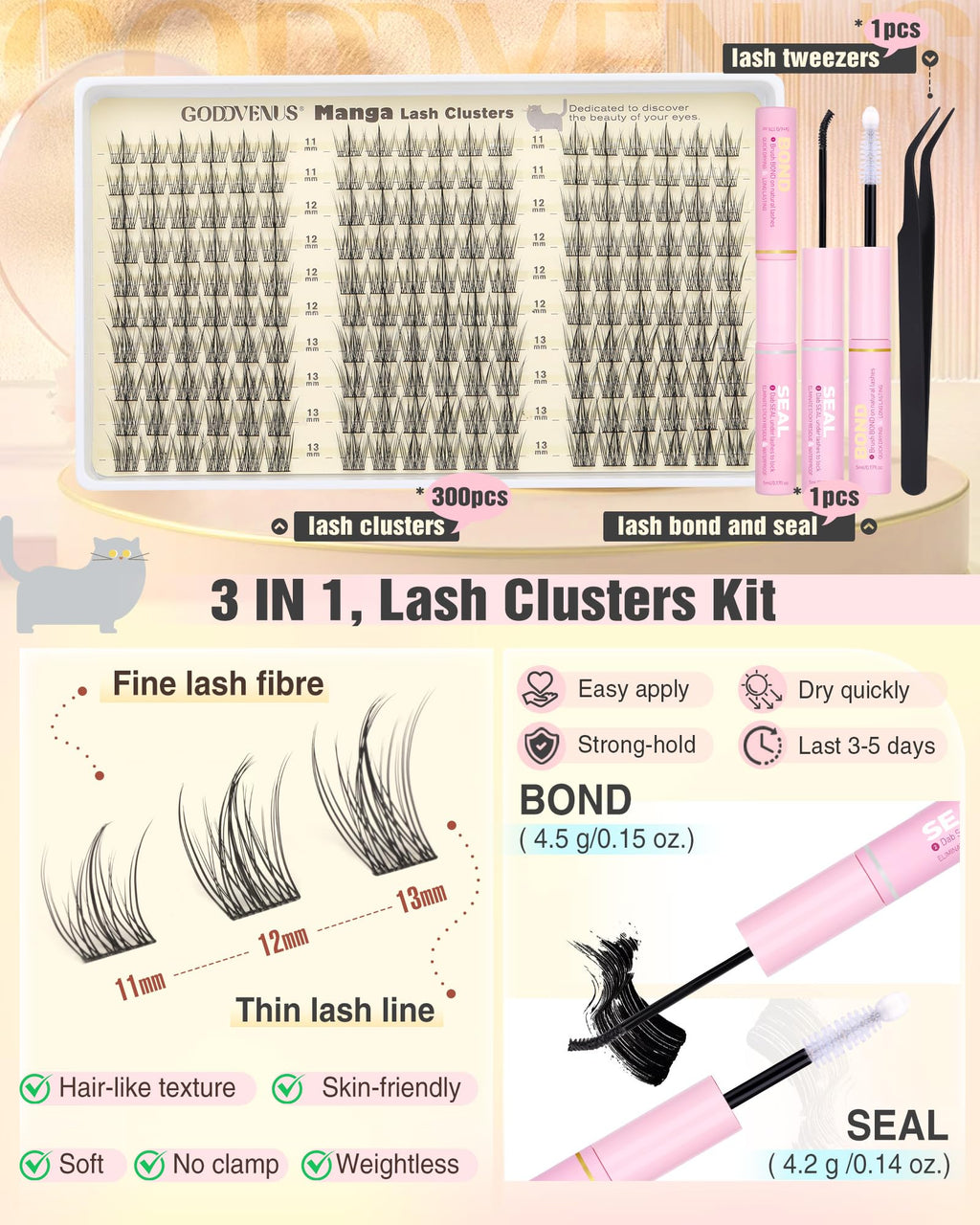 Goddvenus Natural Lash Clusters Kit | Wispy C-Curl Lashes with Tweezers