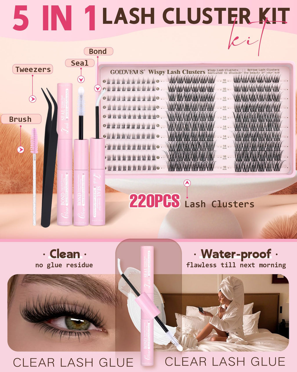 Goddvenus 220Pcs Wispy Lash Clusters Kit – DIY C-Curl Eyelash Extensions, All-In-One