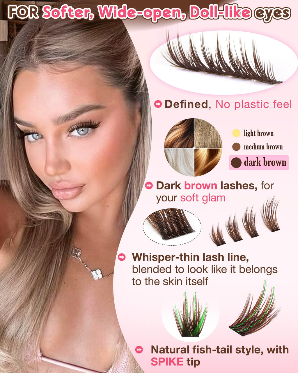 Goddvenus Brown Wispy Lash Clusters Kit – Manga Eyelashes, Natural Clusters, DIY Anime C Curl, Waterproof