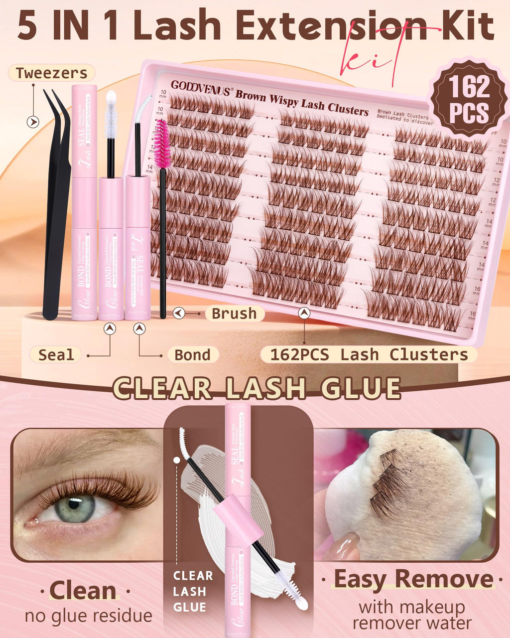 Goddvenus Brown Wispy Lash Clusters Kit | Natural DIY Lash Extensions with C Curl