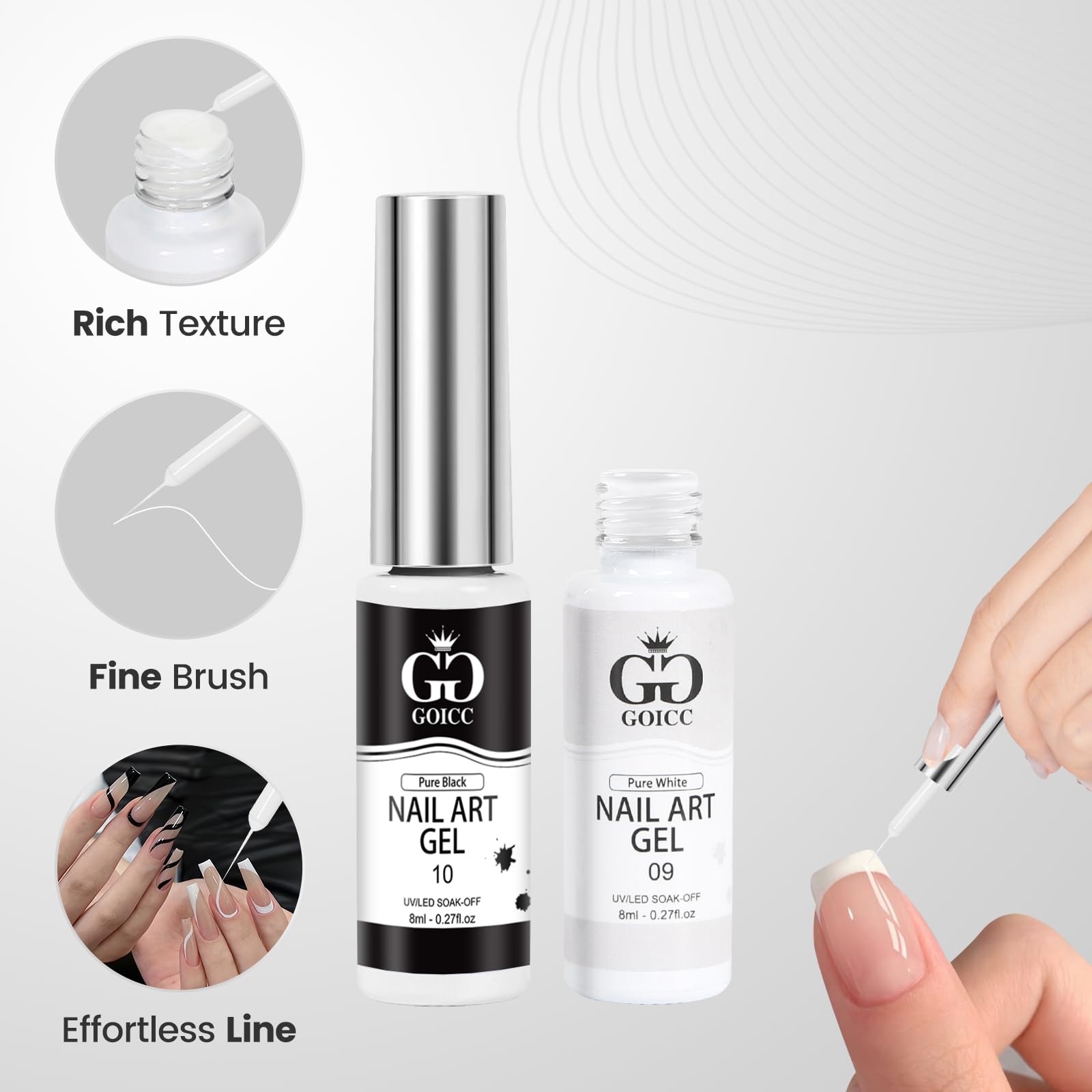 GOICC Black & White Gel Nail Art Liner – 2-Color Gel Nail Polish (8ml, UV/LED)