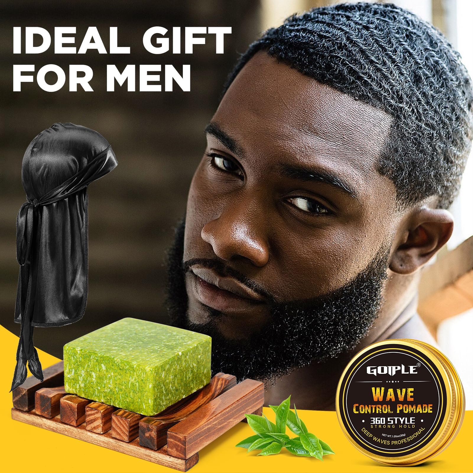 Goiple Wave Pomade Soap Bar with Wooden Holder — 360 Wave Training & Strong Hold for Black Hair