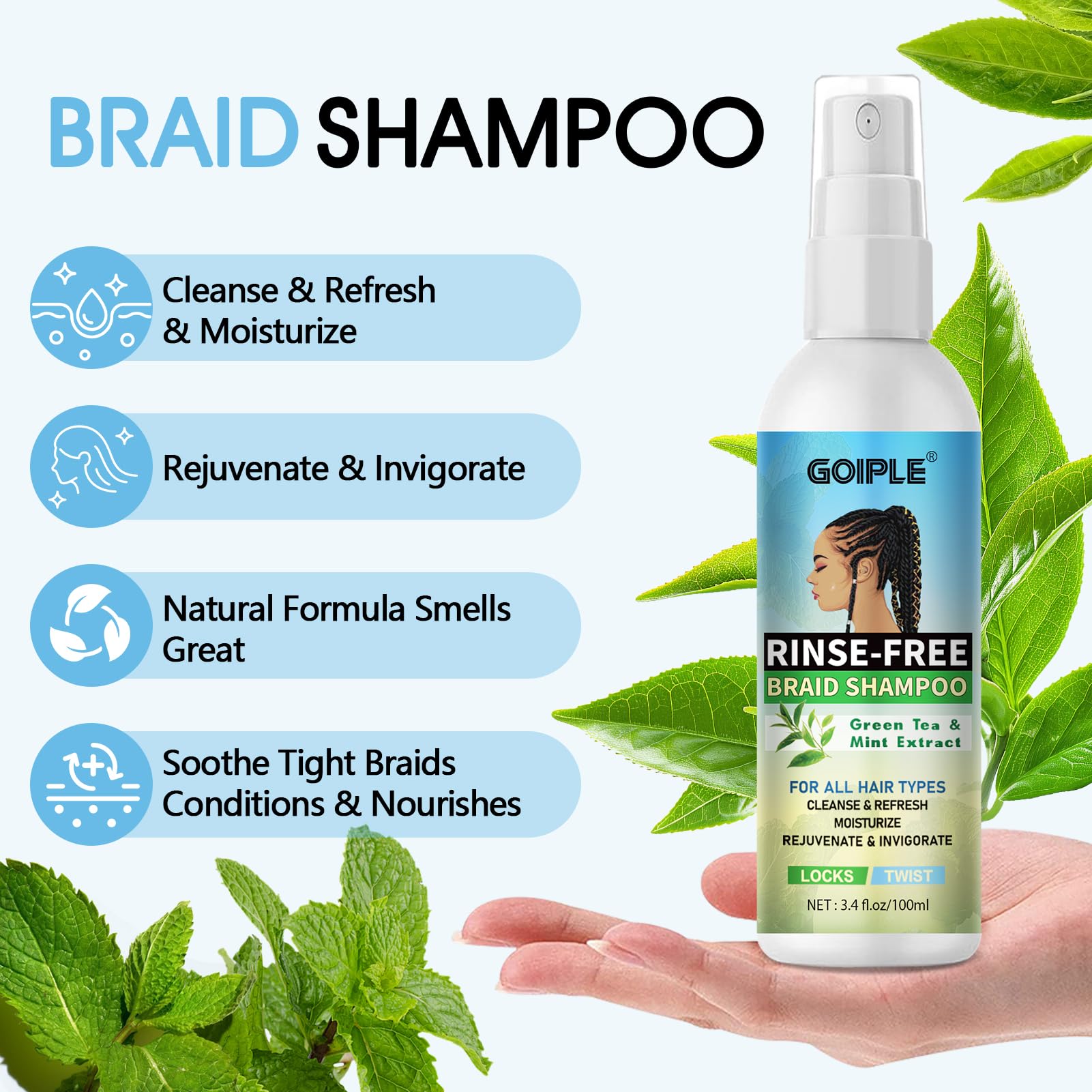 Goiple Braid Spray Rose Mint for Dreads & Locs – No-Water, Rinse-Free Rose Water (2PCS)