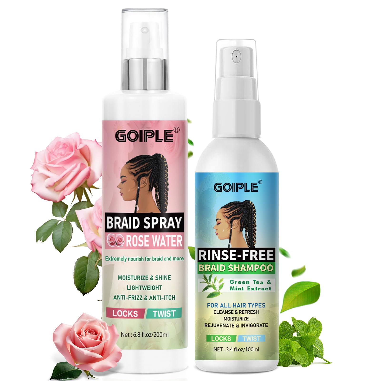 Goiple Braid Spray Rose Mint for Dreads & Locs – No-Water, Rinse-Free Rose Water (2PCS)