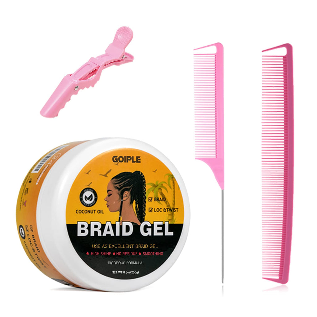 Goiple Strong Hold Braid Gel — Extreme Hold for Twist, Locs & Braids with Edge Control 8.8oz + Combs