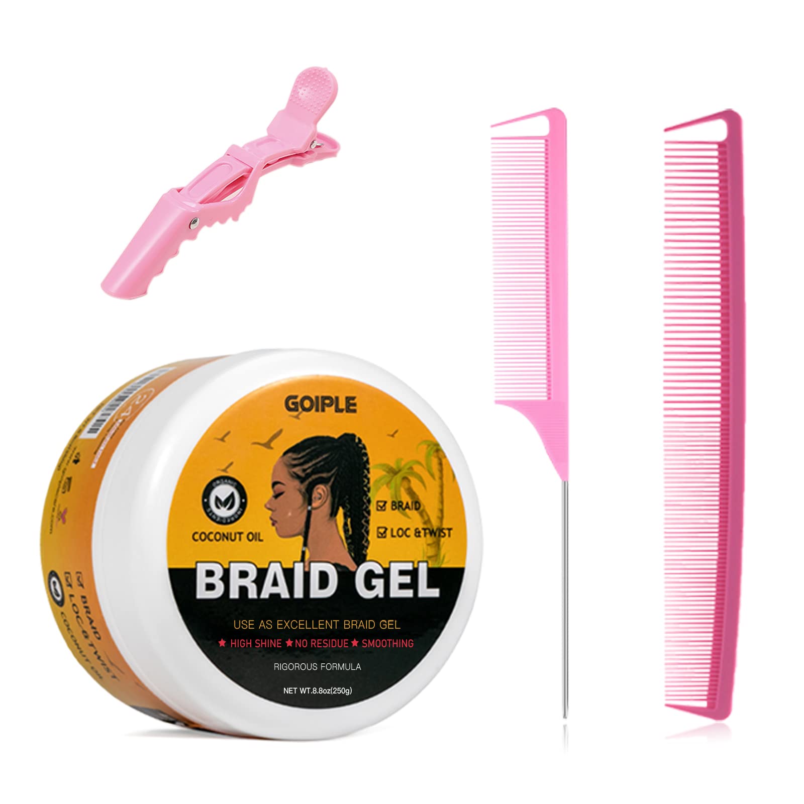 Goiple Strong Hold Braid Gel — Extreme Hold for Twist, Locs & Braids with Edge Control 8.8oz + Combs
