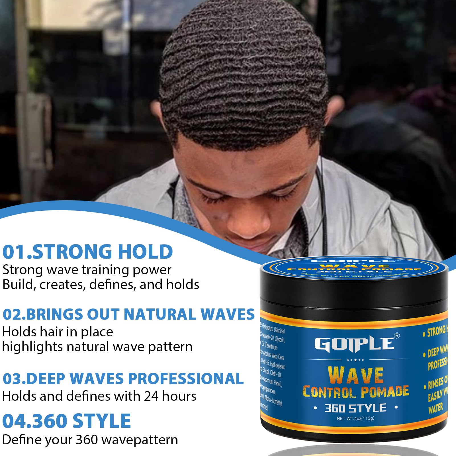 Goiple 360 Wave Pomade Strong Hold Kit for Men — Wave Butter, Brushes & Silky Durags