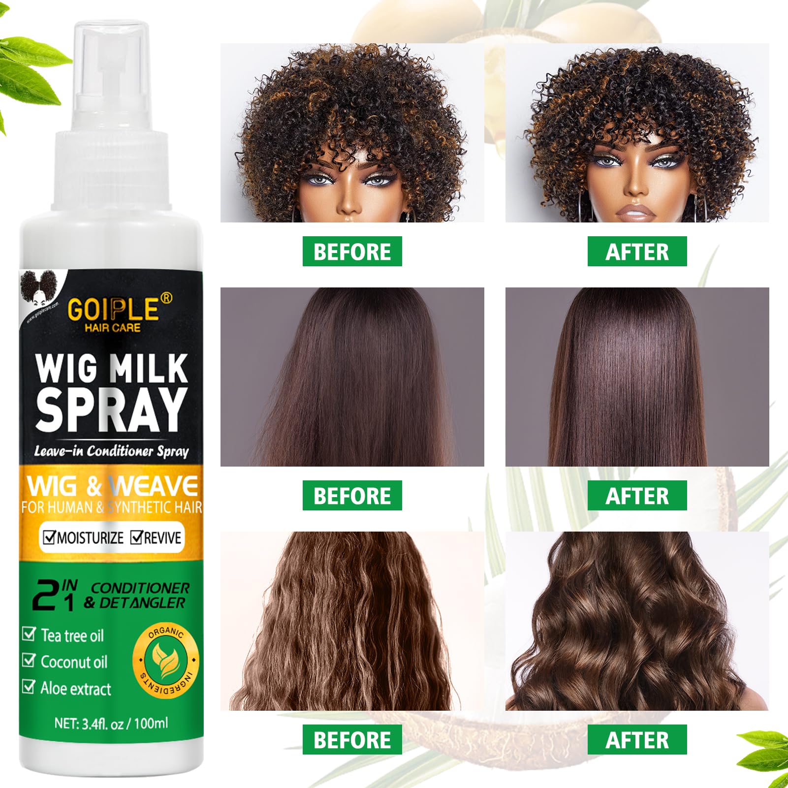 Goiple Wig Milk Spray 2-in-1 Leave-In Conditioner & Detangler for Synthetic Wigs (3.4 fl oz)
