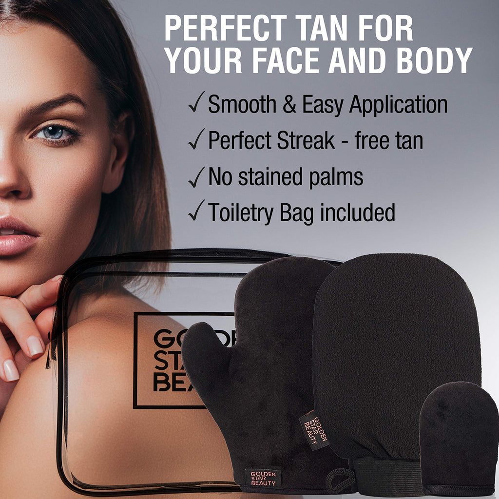 GOLDEN STAR BEAUTY Tanning Mitt Kit – Double-Sided Self Tanner Mitts for Body & Face with Exfoliation Mitt | Washable & Ultra-Soft
