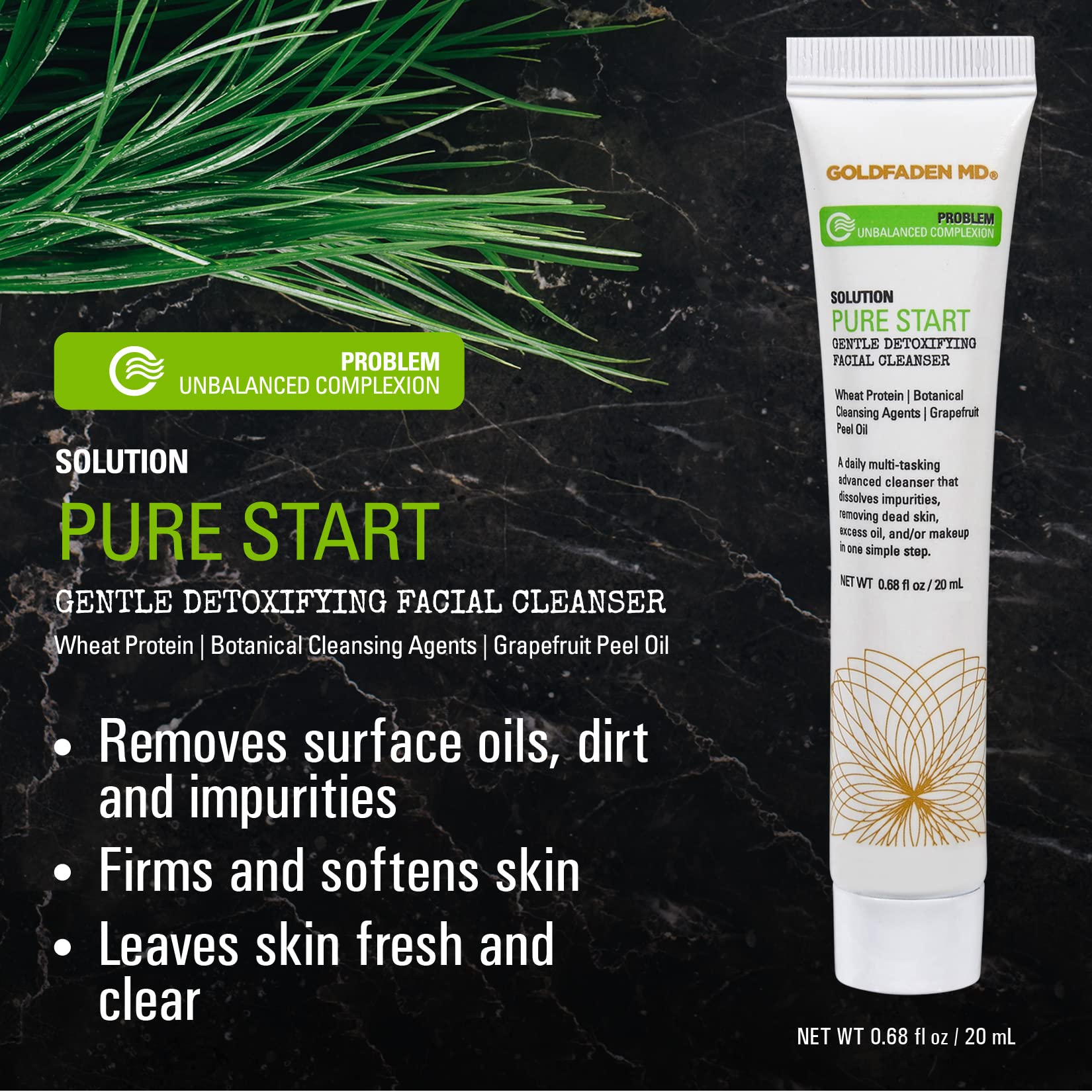 GOLDFADEN MD Pure Start Gentle Detoxifying Facial Cleanser — Grapefruit Peel Oil, Organic Red Tea Extract, Seaweed & Rose Hip Seed Oil (Trial 0.67 fl oz)
