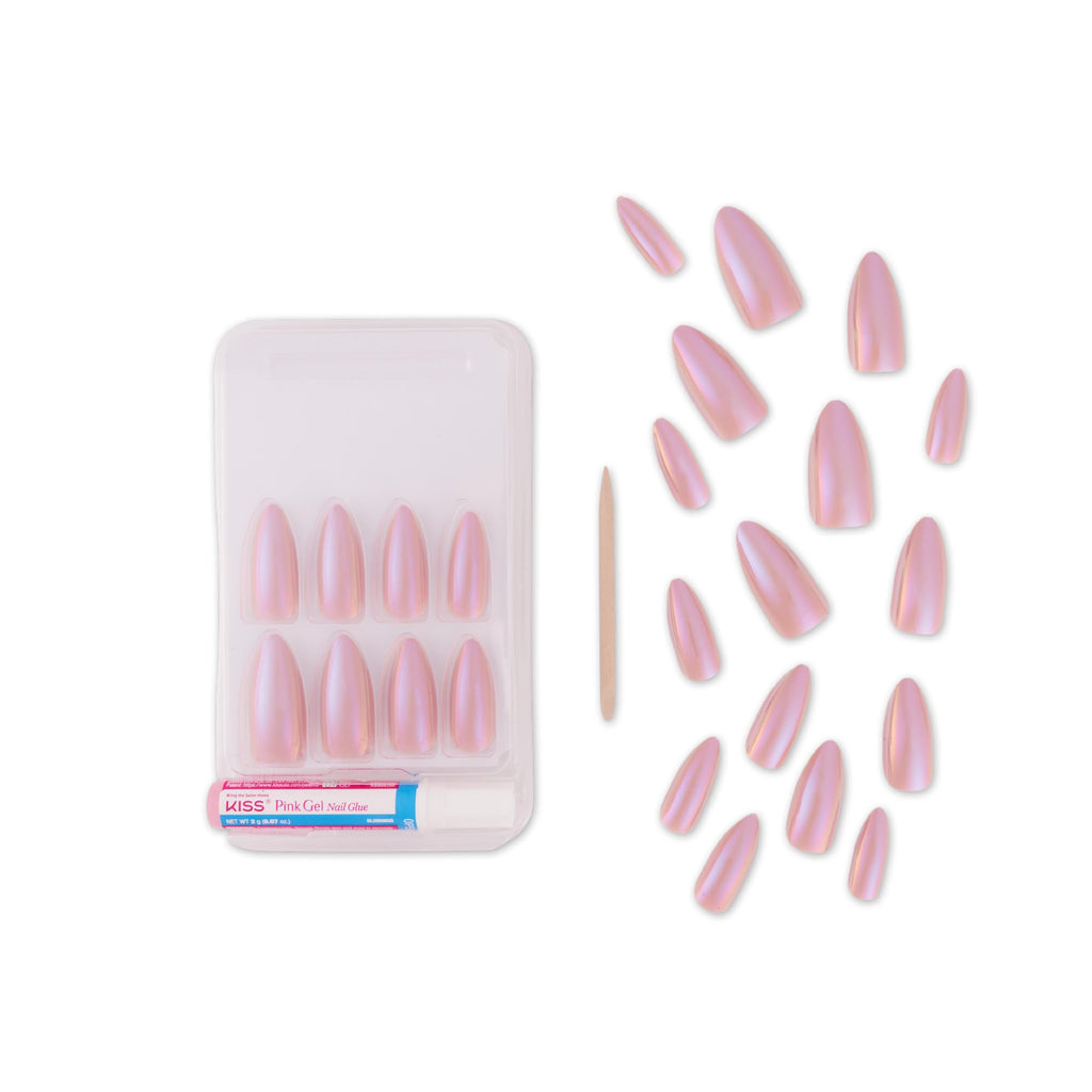 Goldfinger False Nails Kit – Glazed Long Almond Pearl Glitter, Easy Press-On