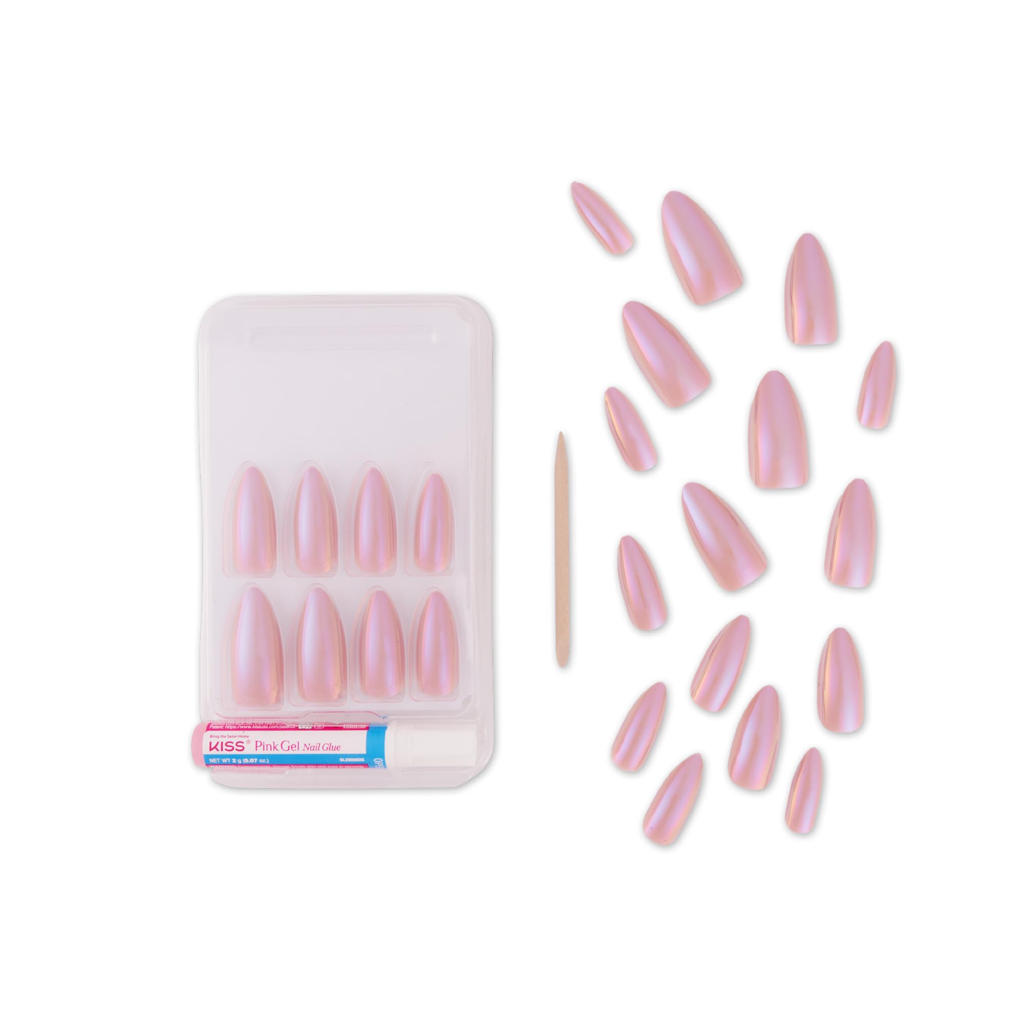 Goldfinger False Nails Kit – Glazed Long Almond Pearl Glitter, Easy Press-On
