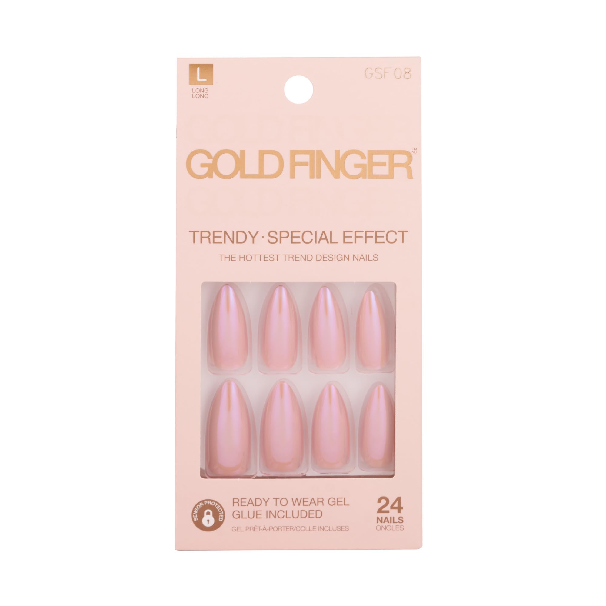 Goldfinger False Nails Kit – Glazed Long Almond Pearl Glitter, Easy Press-On