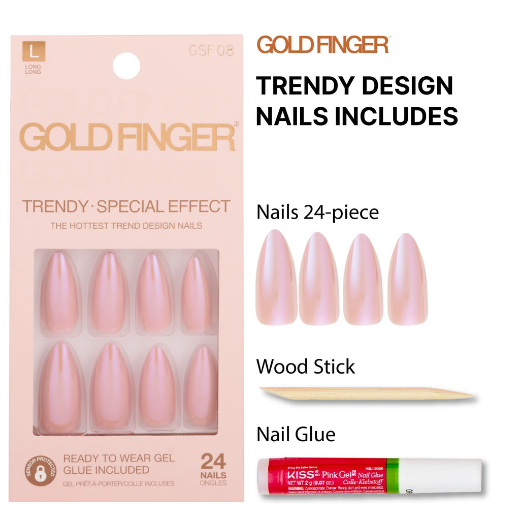 Goldfinger False Nails Kit – Glazed Long Almond Pearl Glitter, Easy Press-On