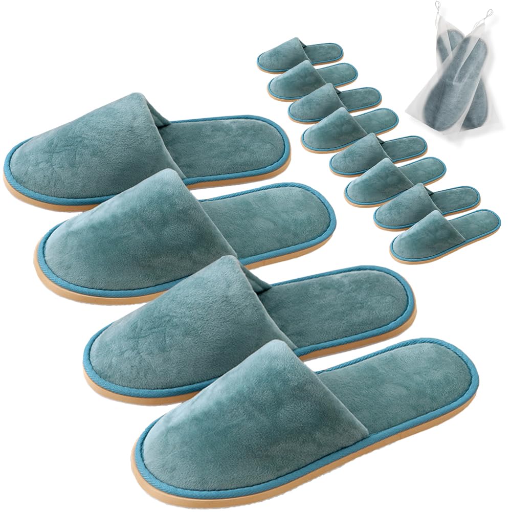 GONG GONG 6 Pairs Non Slip Disposable Slippers – Crystal Velvet, Closed Toe, Washable & Reusable (Blue, Adults)
