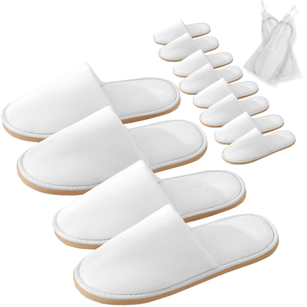 GONG GONG Non Slip Disposable Slippers – 6 Pairs, White, Crystal Velvet, Washable & Reusable, Closed Toe, Non-Slip EVA Sole