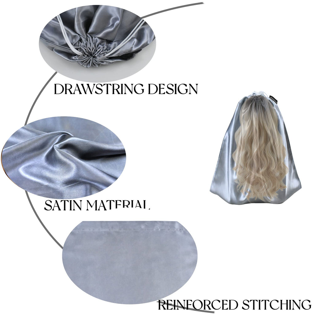 GONGKANGYUAN 12 Pcs Satin Wig Bags with Drawstring – Soft Silk Hair Extension Storage Pouches (Grey)