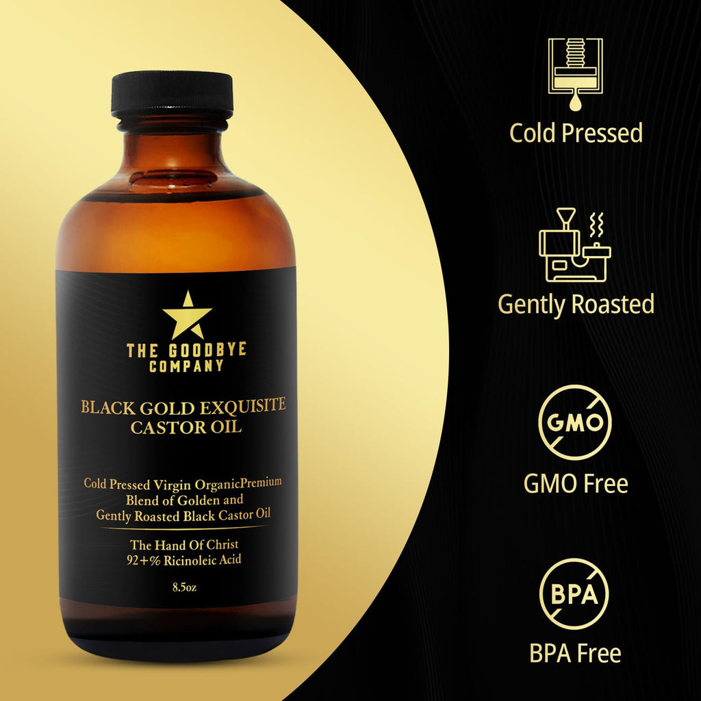 The Goodbye Company Black & Gold Castor Oil Blend – Cold-Pressed, Hexane-Free, Unrefined for Hair, Skin, Eyelashes & Eyebrows