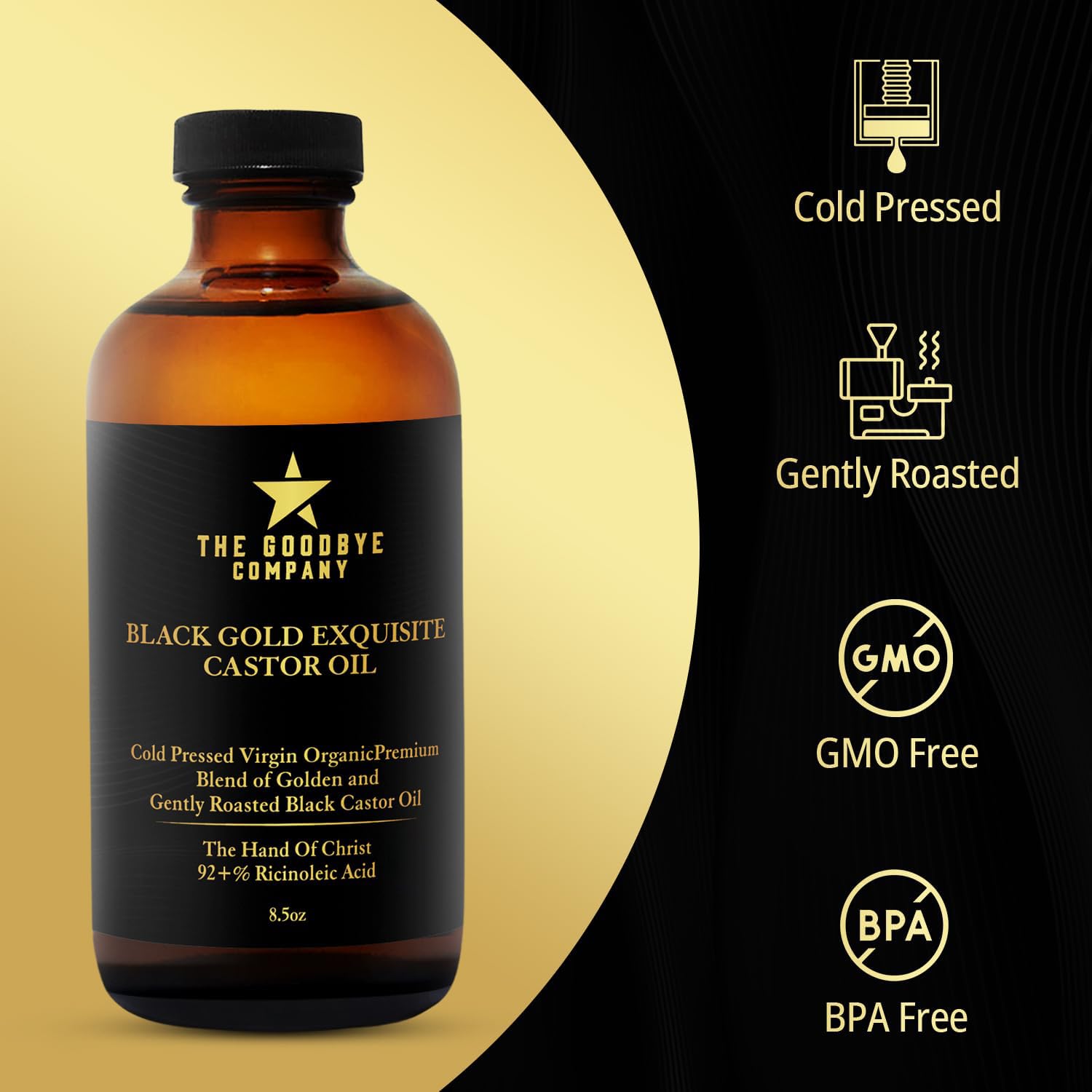The Goodbye Company Black & Gold Castor Oil Blend – Cold-Pressed, Hexane-Free, Unrefined for Hair, Skin, Eyelashes & Eyebrows