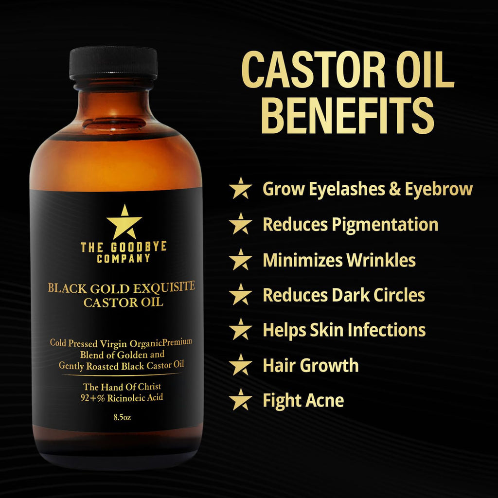 The Goodbye Company Black & Gold Castor Oil Blend – Cold-Pressed, Hexane-Free, Unrefined for Hair, Skin, Eyelashes & Eyebrows