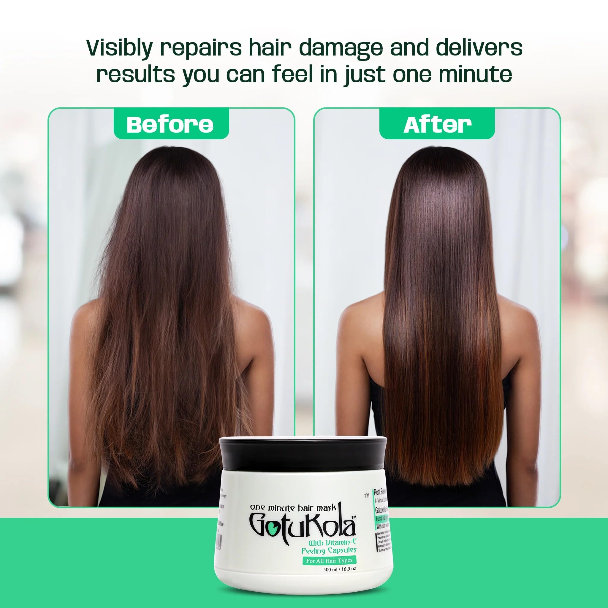 Gotukola Hair Masks Collection – Keratin Deep Repair Mask & One-Minute Revival Mask for Damaged, Dry & Color-Treated Hair (Green)