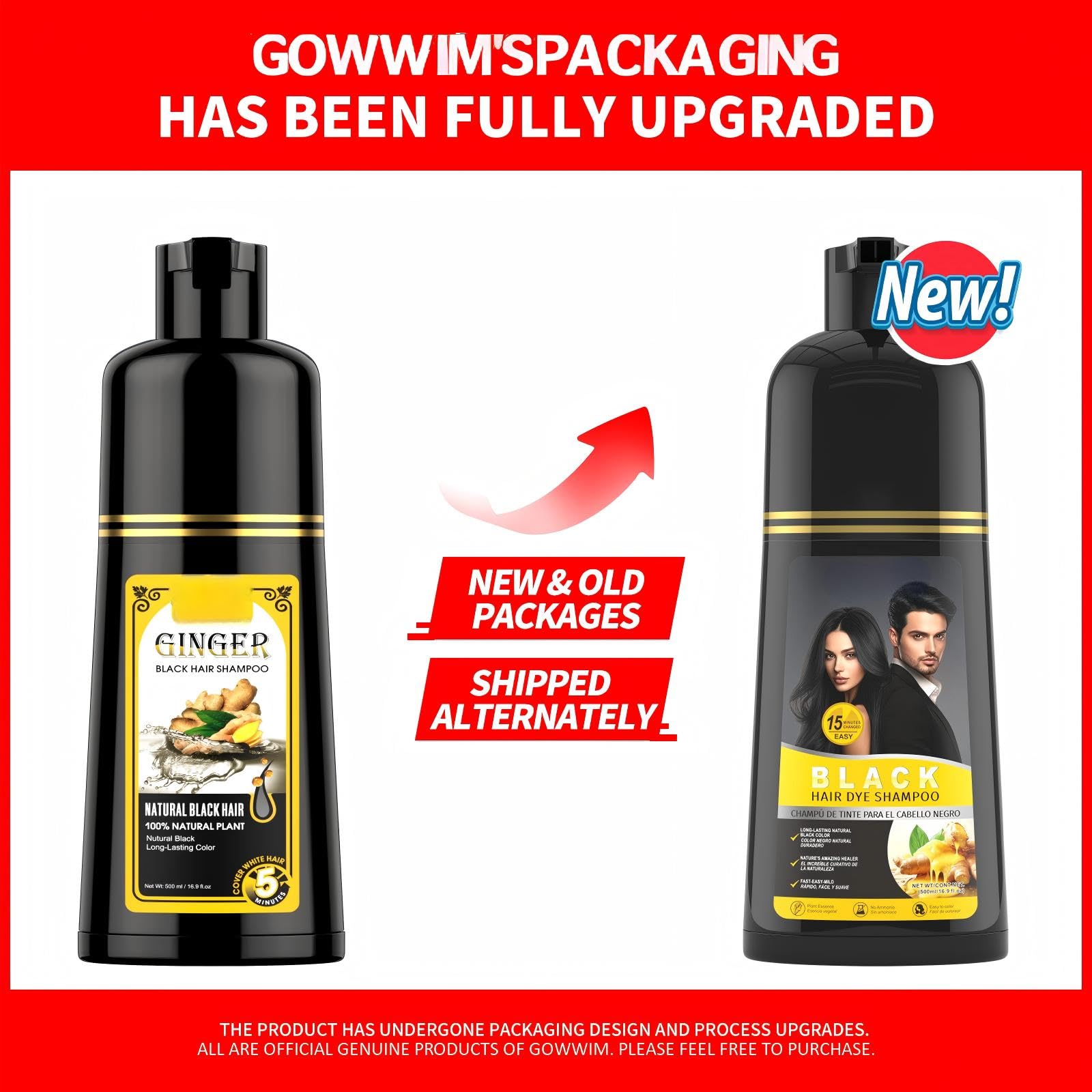 Gowwim Ginger Black Semi-Permanent Hair Dye Shampoo – Quick 5-Min Color, 500ml