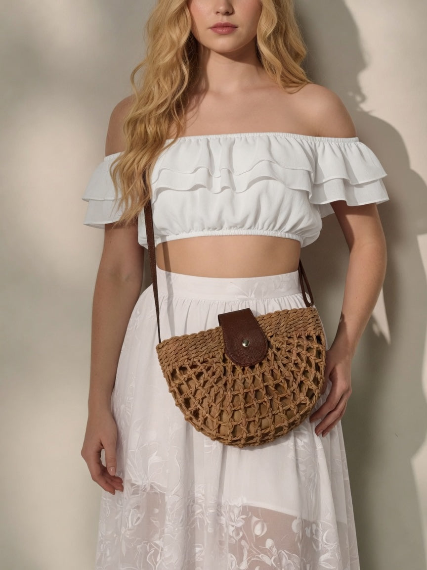 Natural Straw Half Moon Crossbody Bag Women's Raffia Beach Bag