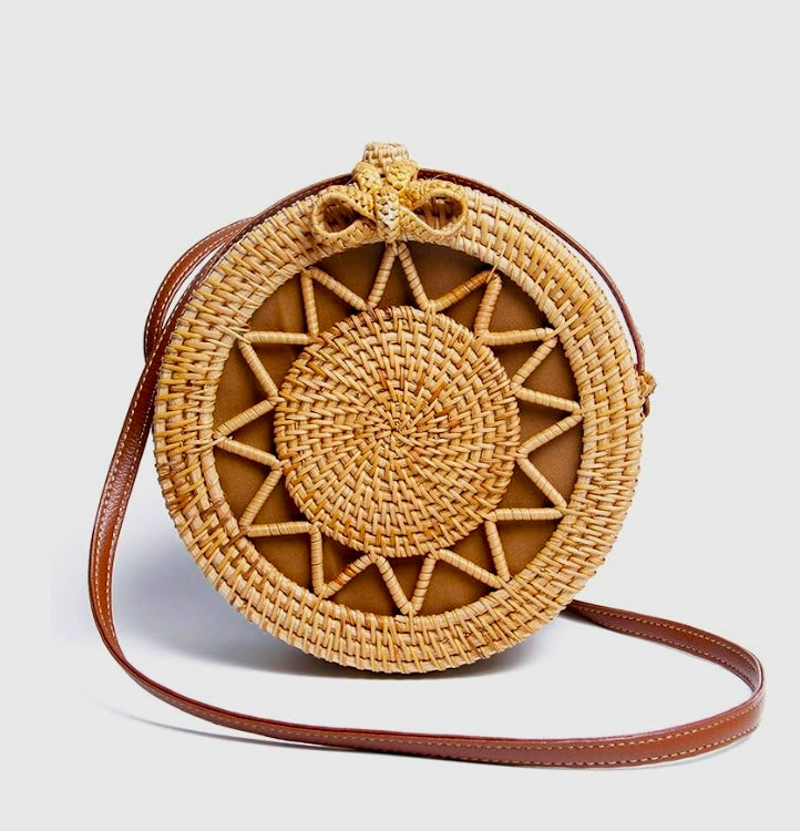 Women Round Raffia Cross body Bag Handwoven Beach Bohemian Shoulder Purse