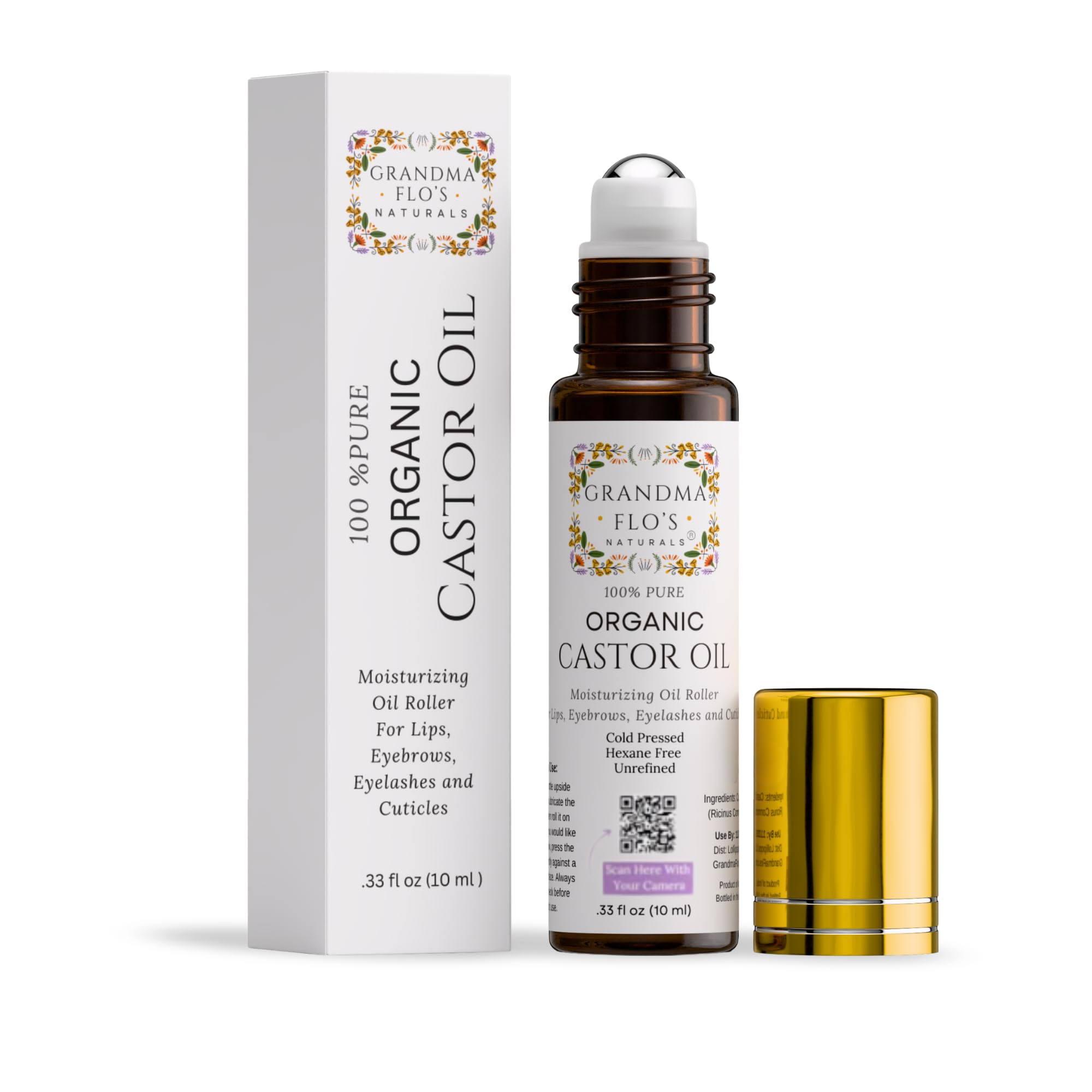 Grandma Flo's Naturals Pure Organic Castor Oil Roll-On – Lips, Brows, Lashes (10ml) Hexane Free