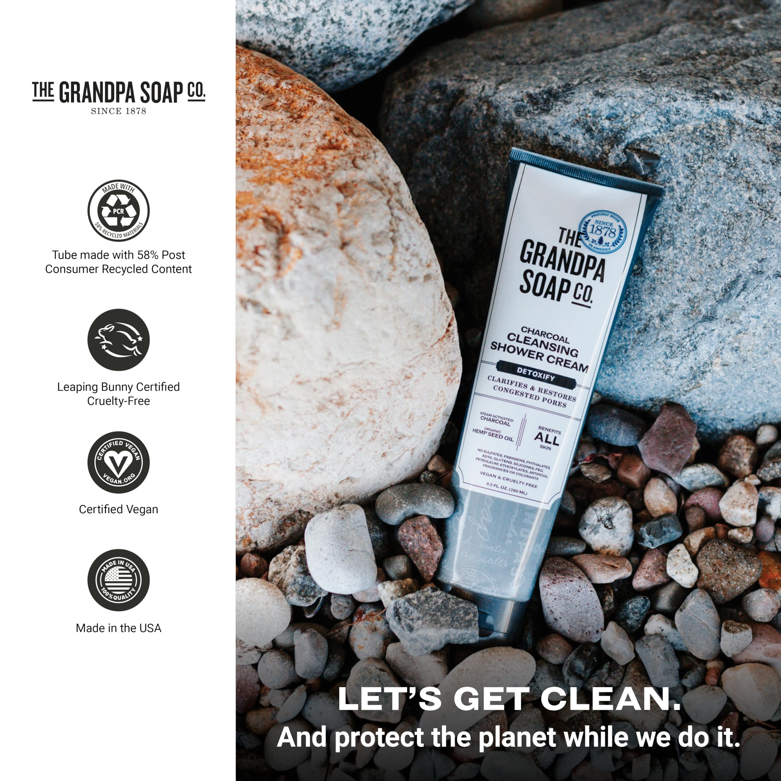 The Grandpa Soap Company Charcoal Shower Cream - Clarifies Pores with Activated Charcoal & Hemp Seed Oil | 9.5 Fl Oz, 2-Pack