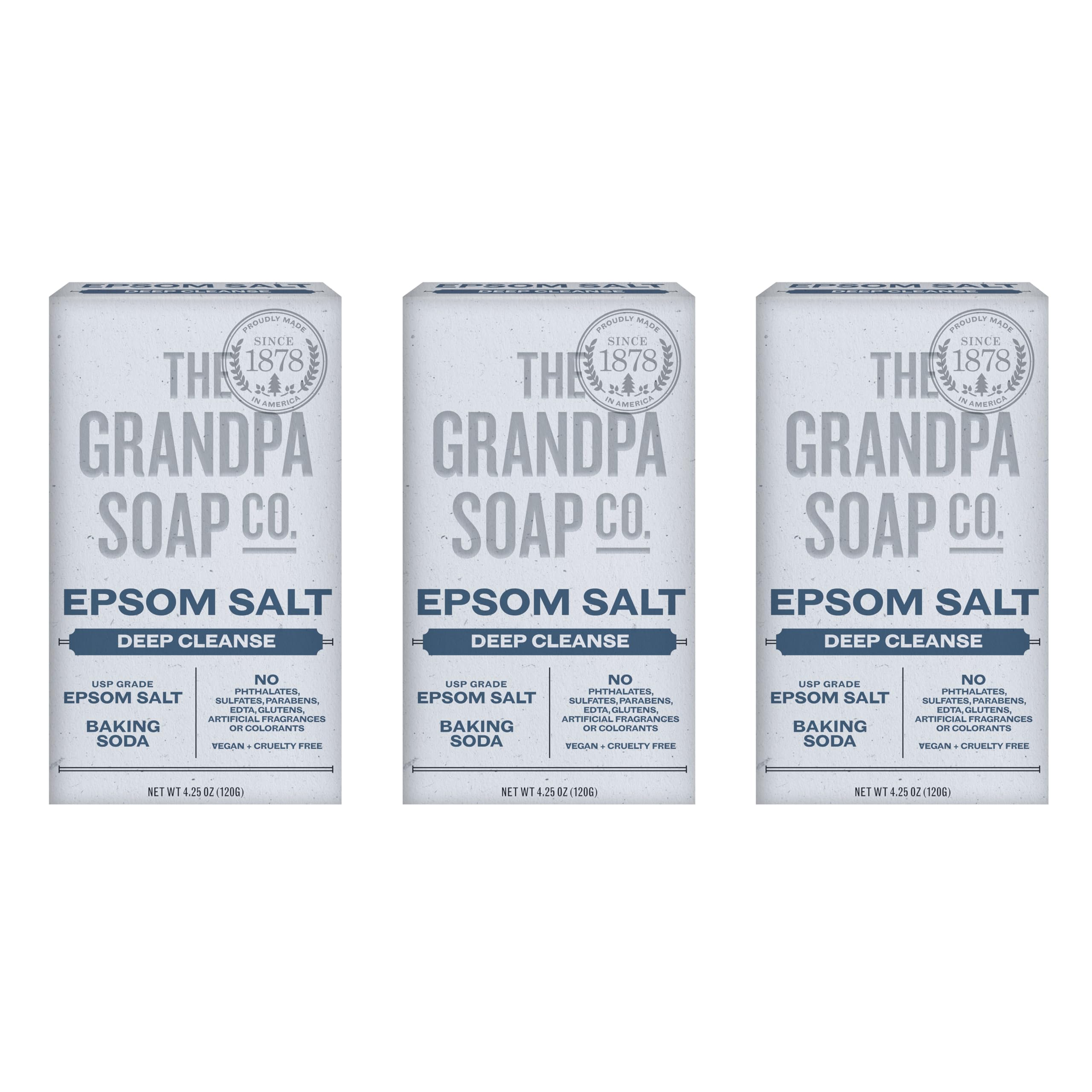 The Grandpa Soap Company Epsom Salt Bar Soap – Deep Cleansing, Vegan, 3 Pack (4.25 oz each)