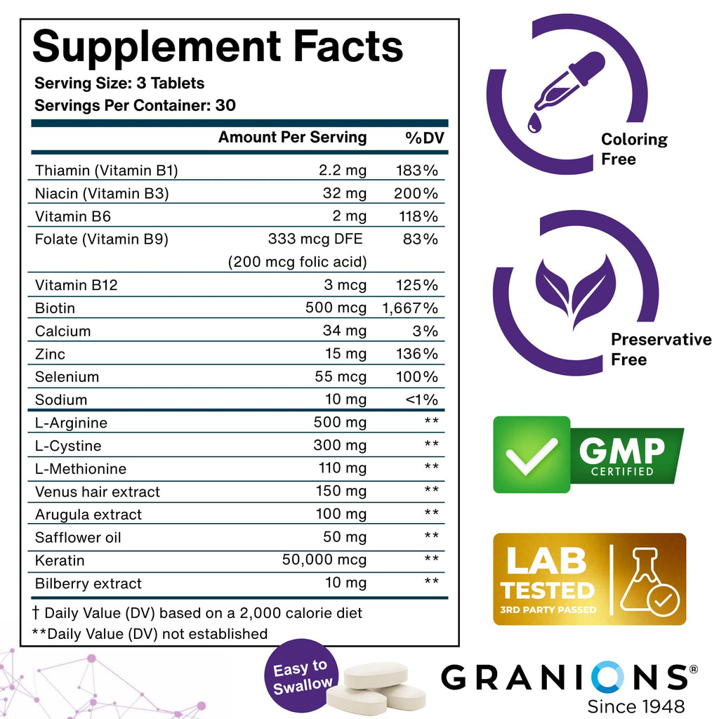 Granions Hair Growth Supplements | Biotin, Keratin & Amino Acids - 90 Tablets