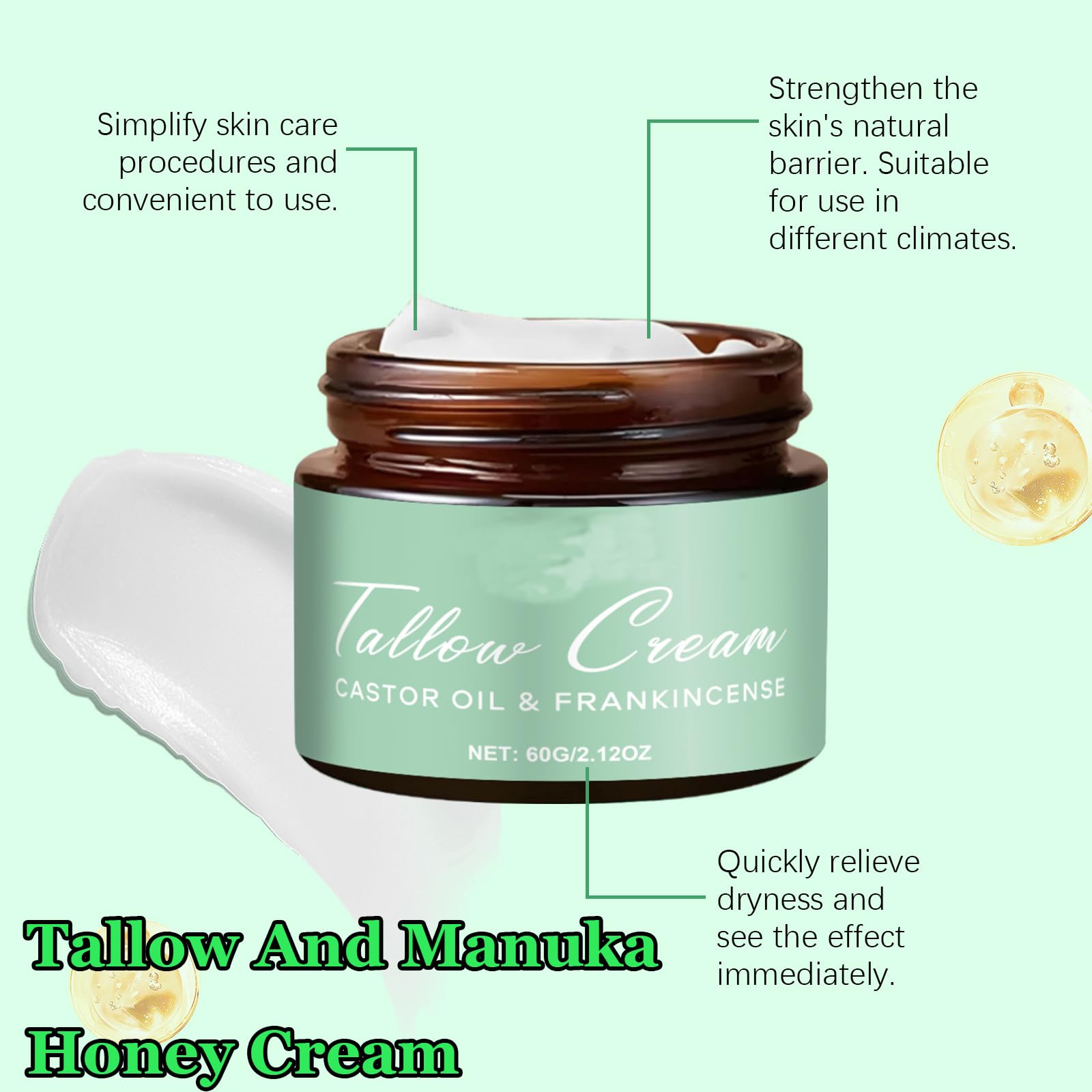 Grass-fed Beef Tallow Cream with Castor Oil & Frankincense — 60g Organic Moisturizer for Face, Body & Hands