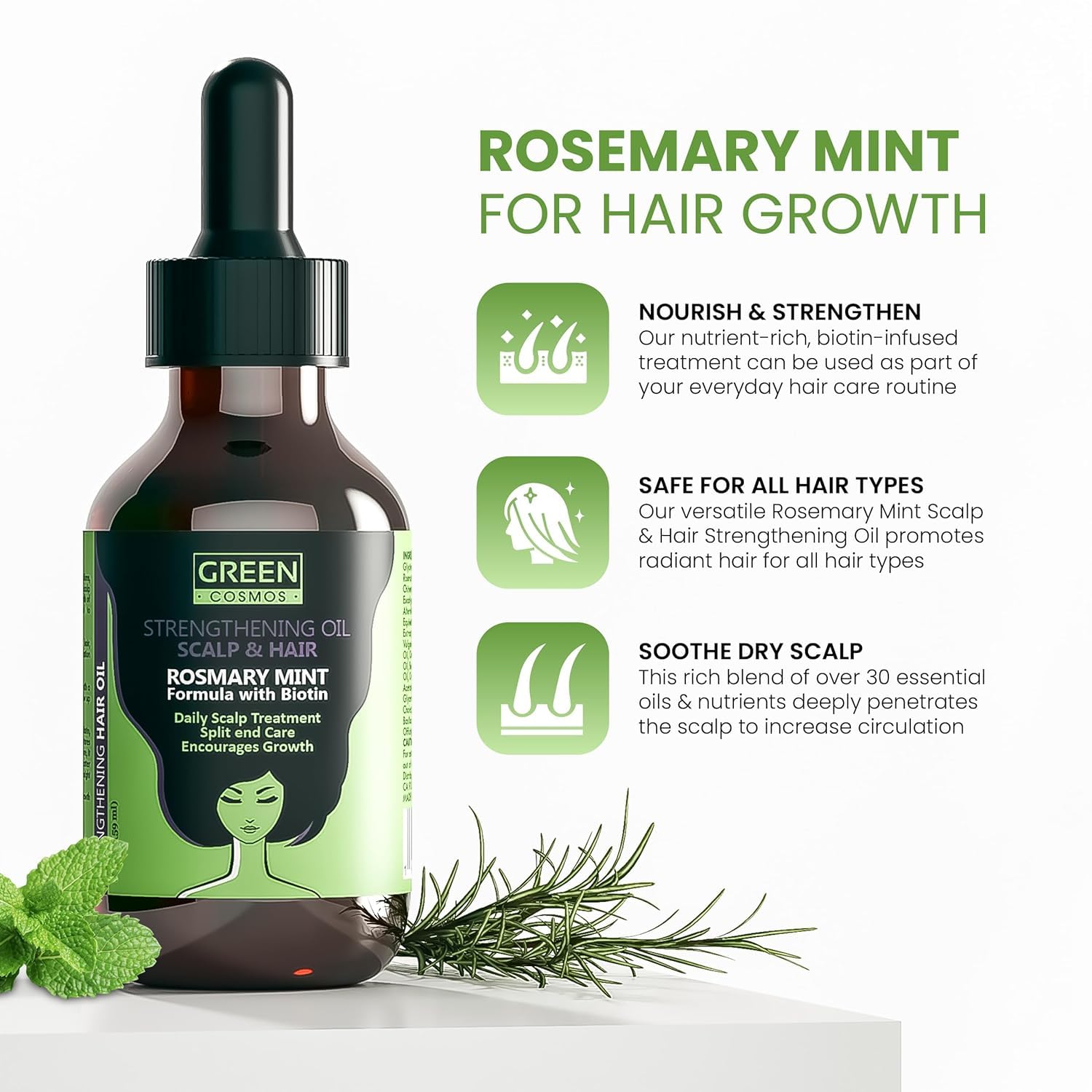 Green Cosmos 100% Rosemary Oil for Hair Growth – 60ml x 2 – Nourishes Scalp, Supports Circulation, Relieves Itchy Dry Scalp, Strengthens Hair, Eyebrows & Eyelashes