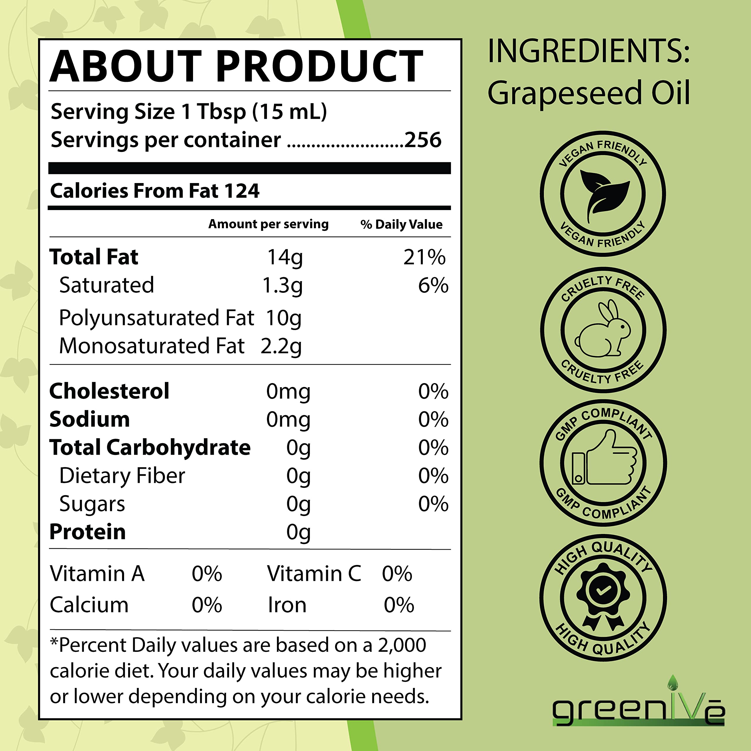 GreenIVe Grapeseed Oil – 100% Pure, Cold-Pressed, Organic, 128 oz Gallon