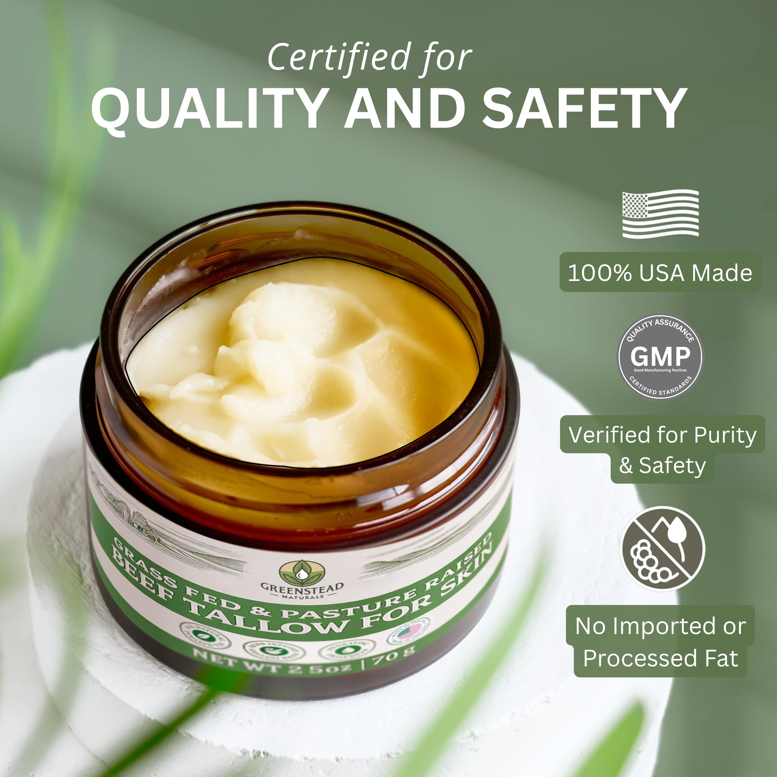 Greenstead Naturals Organic Beef Tallow Balm — Whipped Moisturizer with Jojoba & Cocoa Butter (Unscented)