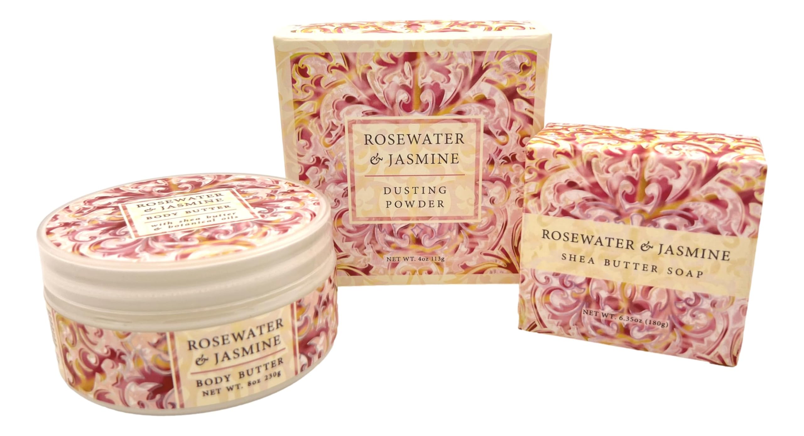Greenwich Bay Rosewater Jasmine 3-Piece Gift Set – Body Butter, Spa Soap & Dusting Powder
