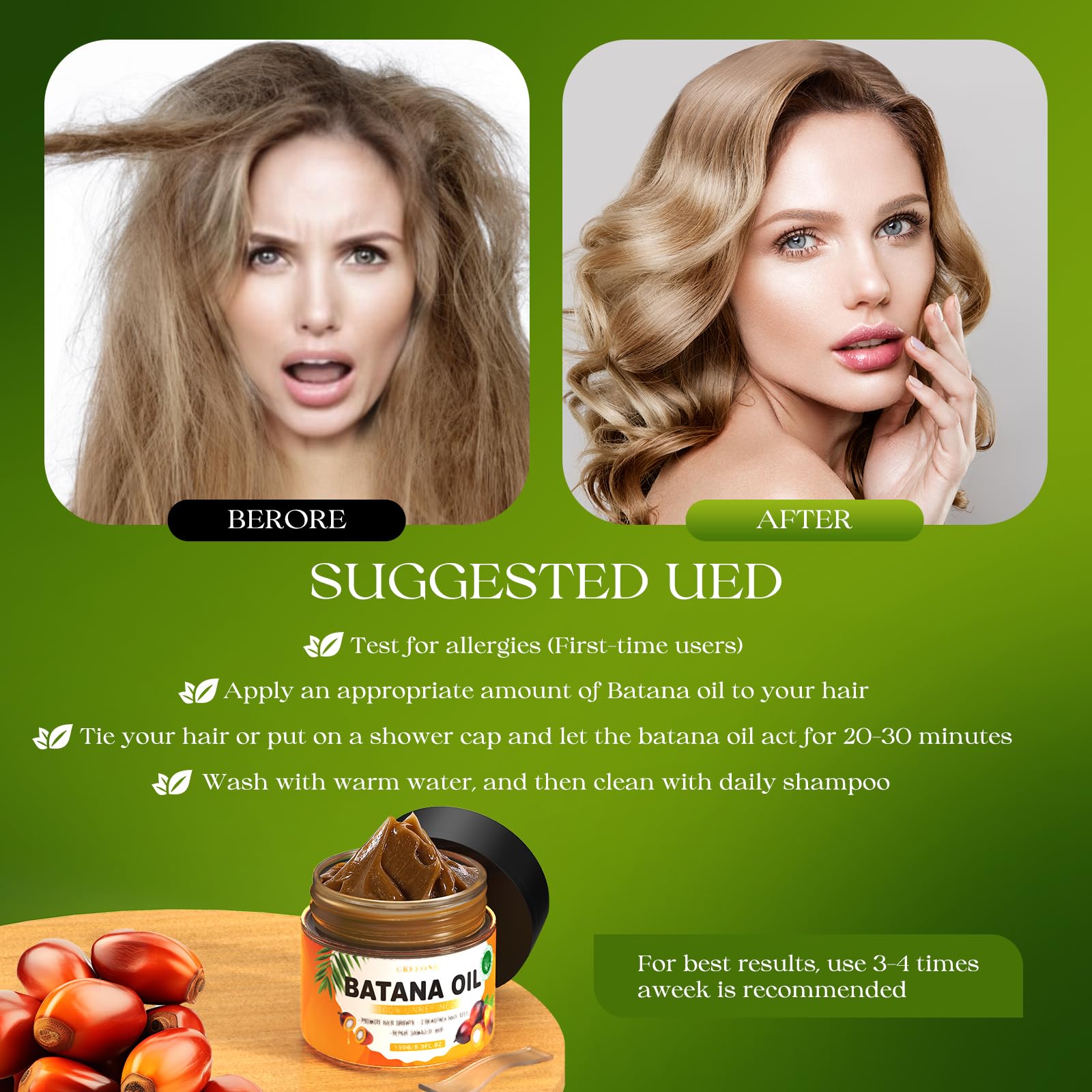 GREEONIL Batana Oil with Scalp Massager Brush for Hair Growth – 100% Pure & Organic