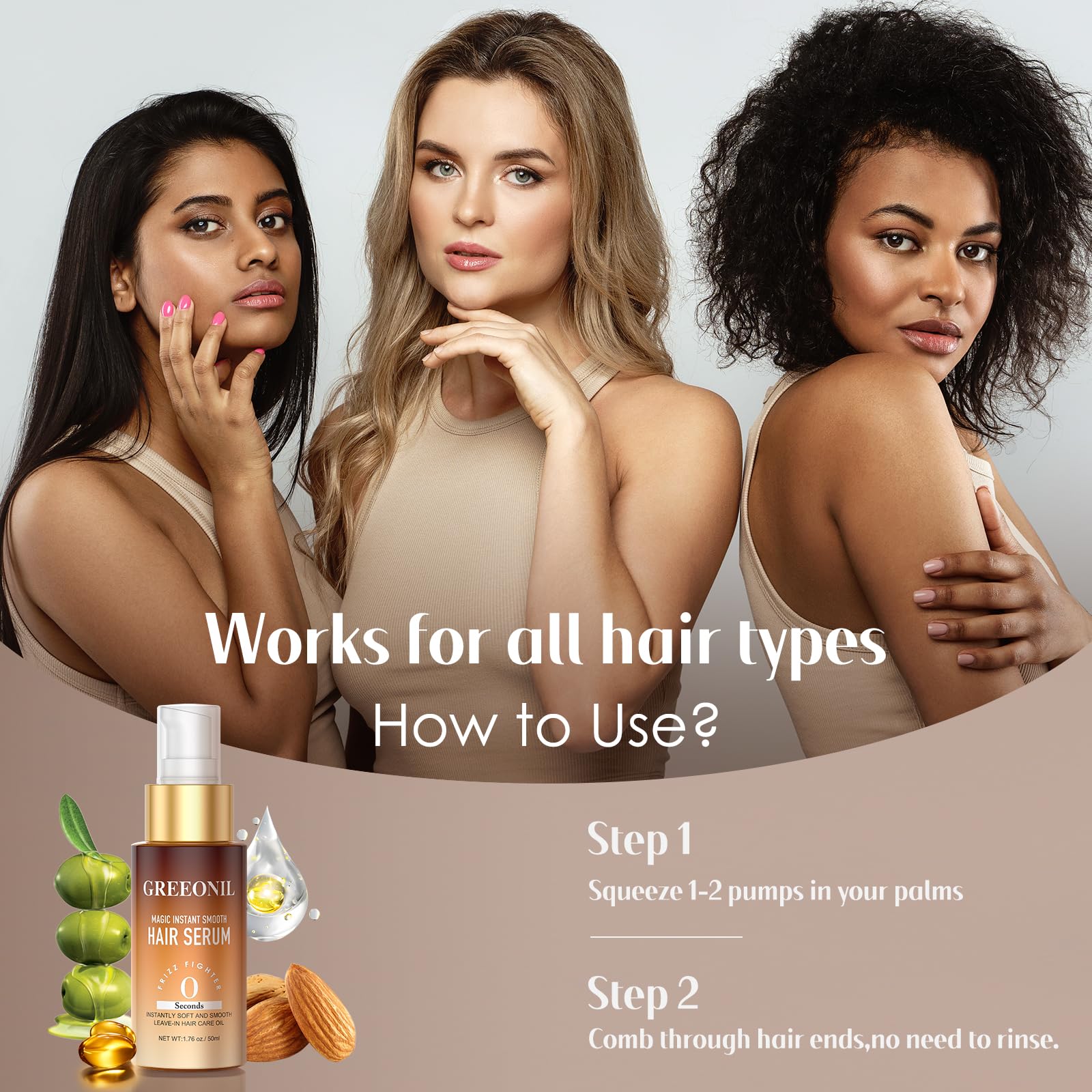 GREEONIL Hair Serum for Frizz Hair – Hydration, Shine & All-Day Smooth with Marula Oil, Squalane, Vitamin E | For All Hair Types | 1.76 Fl Oz