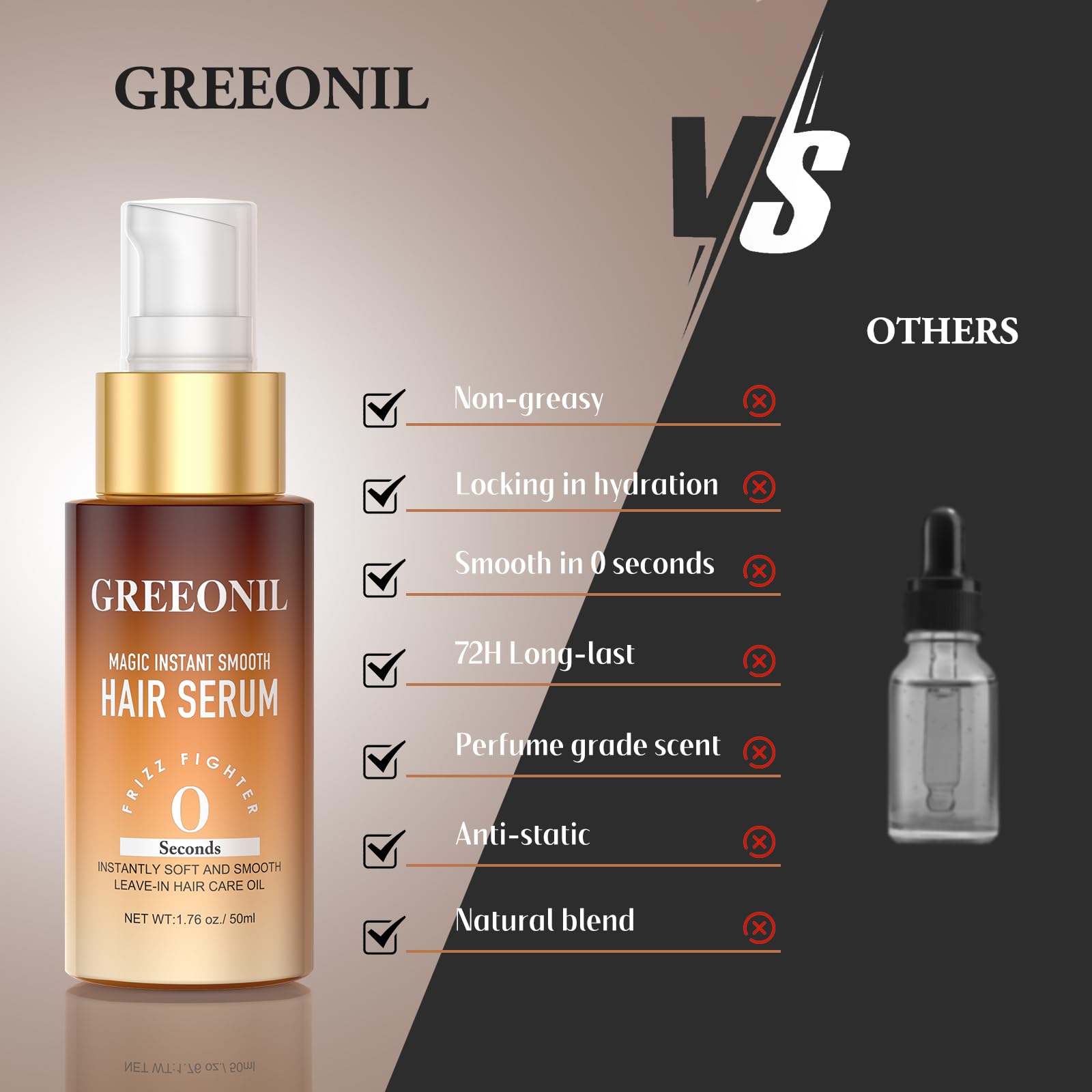 GREEONIL Hair Serum for Frizz Hair – Hydration, Shine & All-Day Smooth with Marula Oil, Squalane, Vitamin E | For All Hair Types | 1.76 Fl Oz