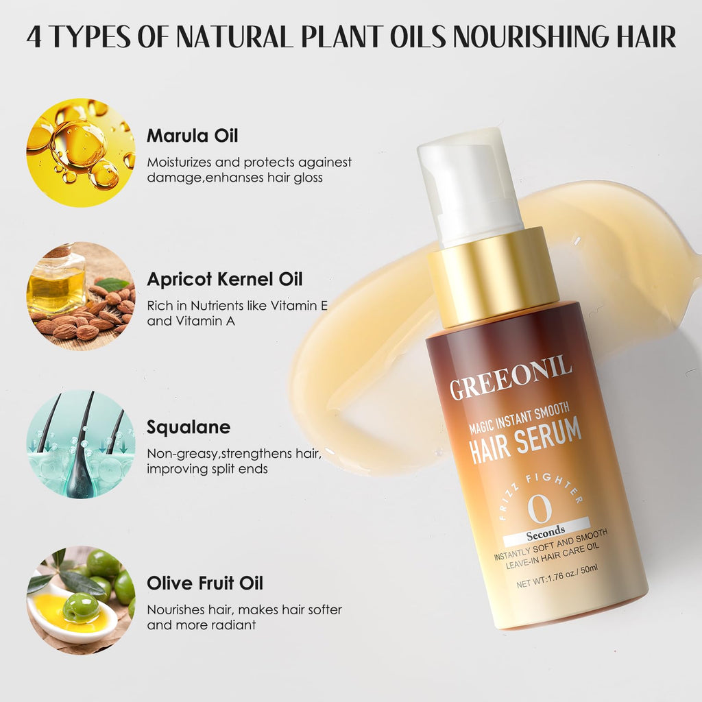 GREEONIL Hair Serum for Frizz Hair – Hydration, Shine & All-Day Smooth with Marula Oil, Squalane, Vitamin E | For All Hair Types | 1.76 Fl Oz