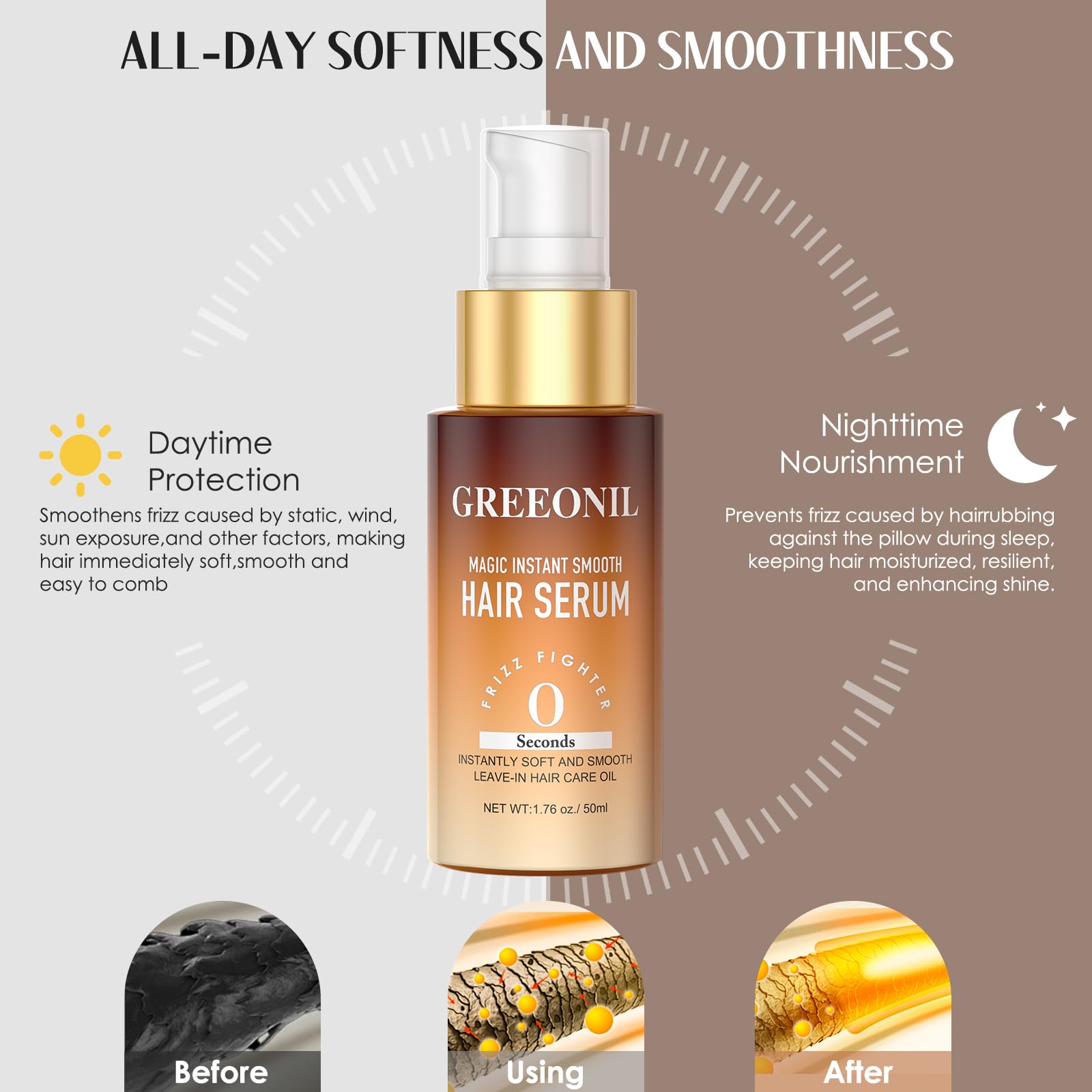 GREEONIL Hair Serum for Frizz Hair – Hydration, Shine & All-Day Smooth with Marula Oil, Squalane, Vitamin E | For All Hair Types | 1.76 Fl Oz