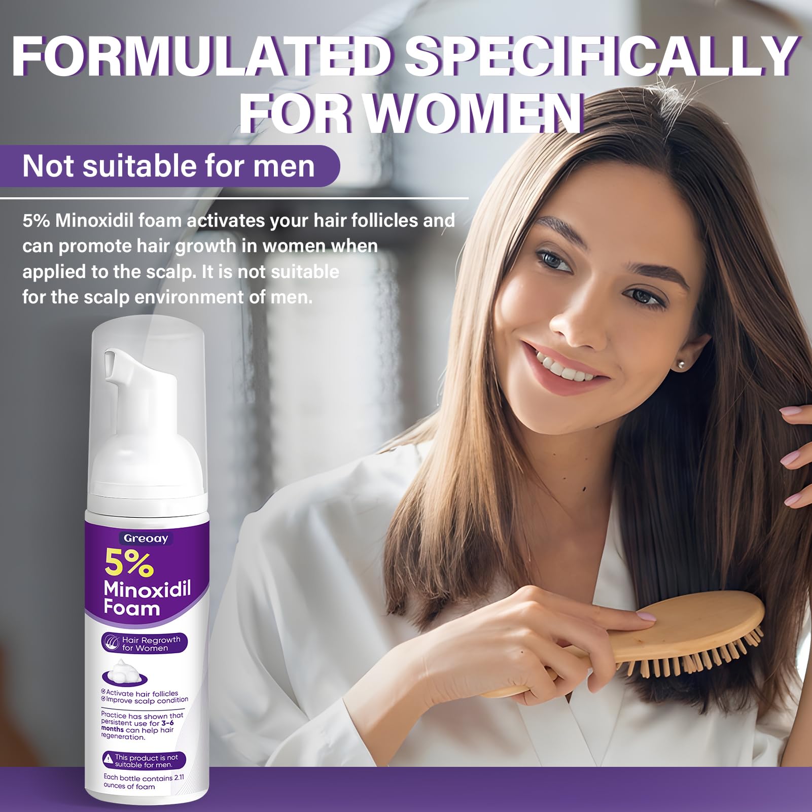 Greoay 5% Minoxidil Foam for Women – Hair Growth for Thinning Hair, Receding Hairline, 3 Bottles (2.11 oz Each)