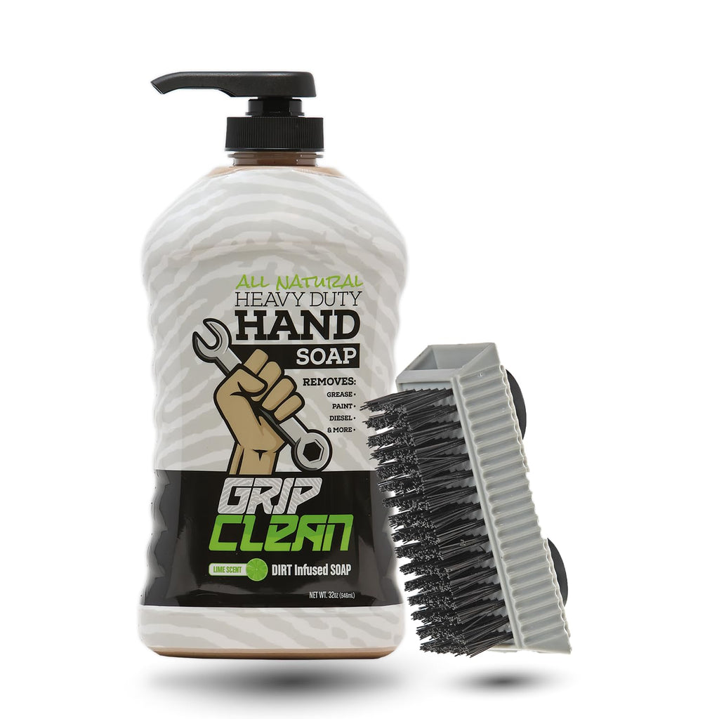 Grip Clean Heavy-Duty Hand Cleaner with Nail Brush – 32 oz Pump Top, Lime Scent, Pumice & Clay