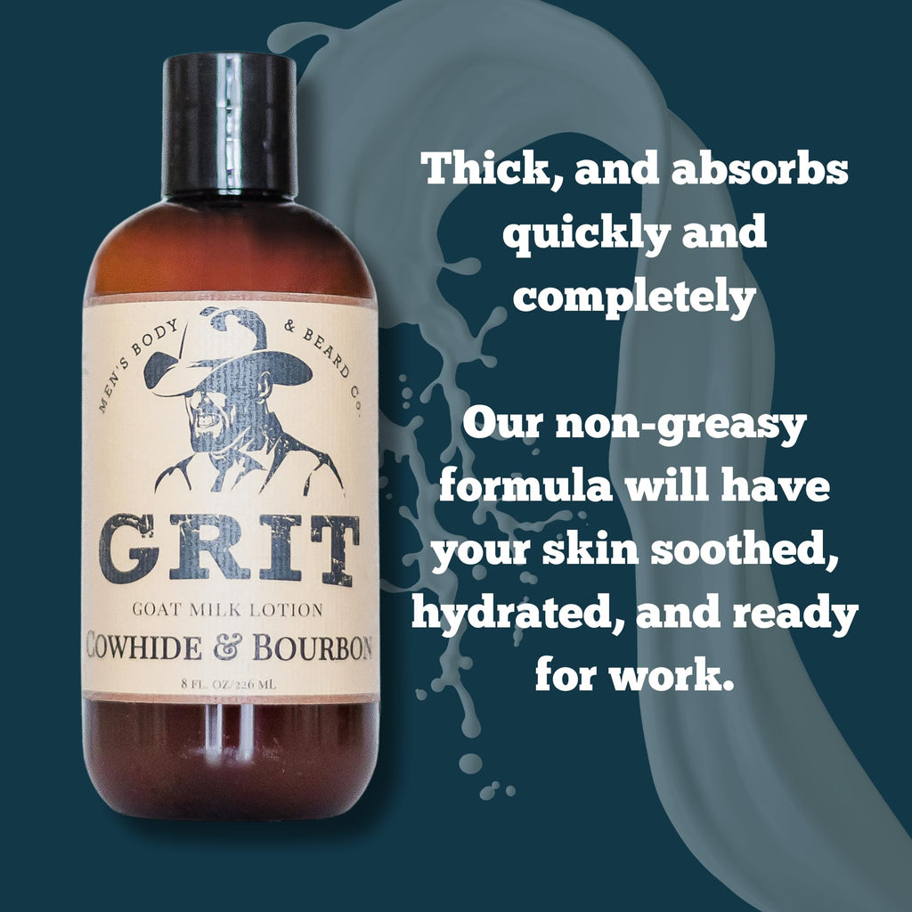 GRIT Goat Milk Lotion Cowhide & Bourbon – All Natural, Dye-Free, 8 oz