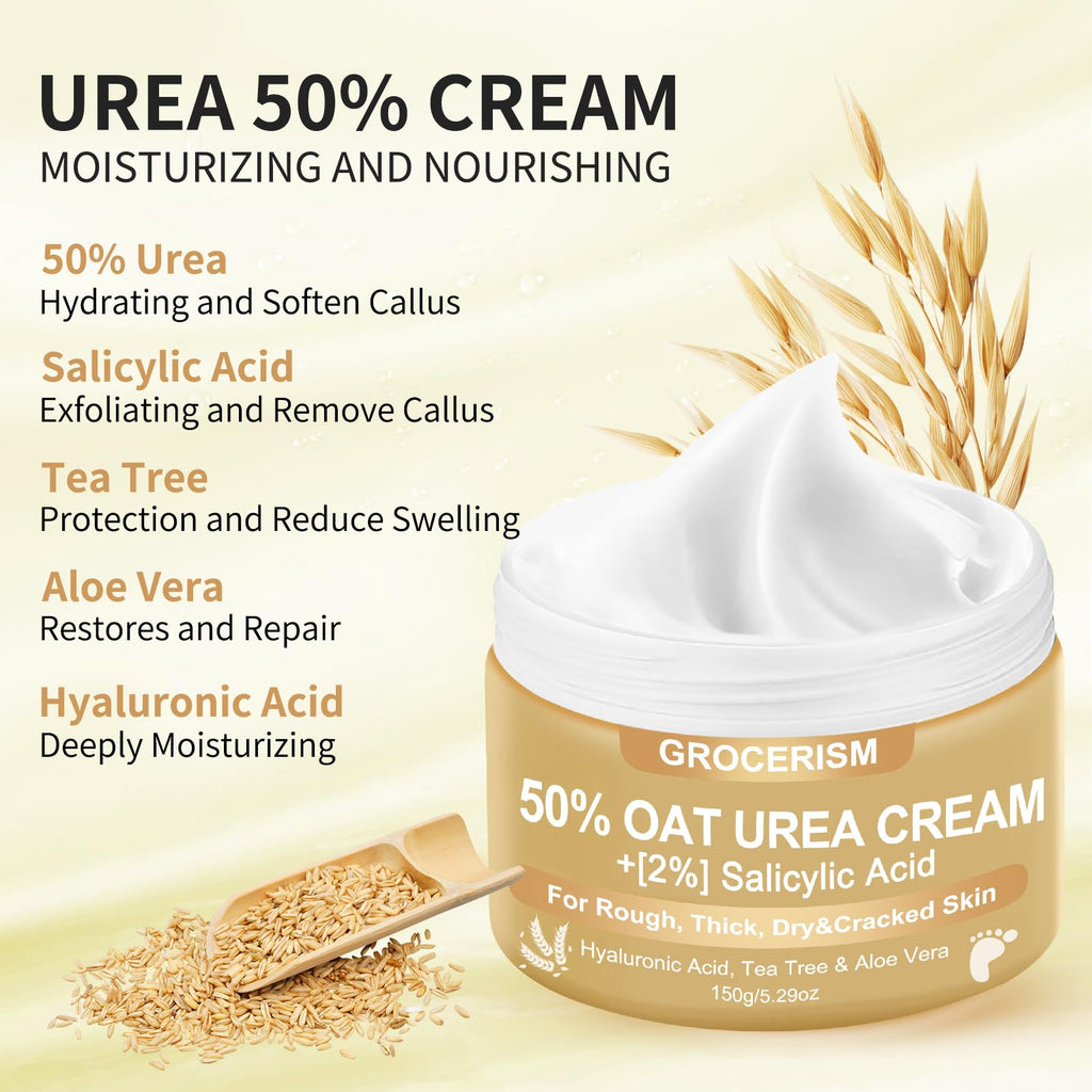 Grocerism Urea Cream 50% for Feet – 5.29 oz Two-Pack with Oat & 2% Salicylic Acid