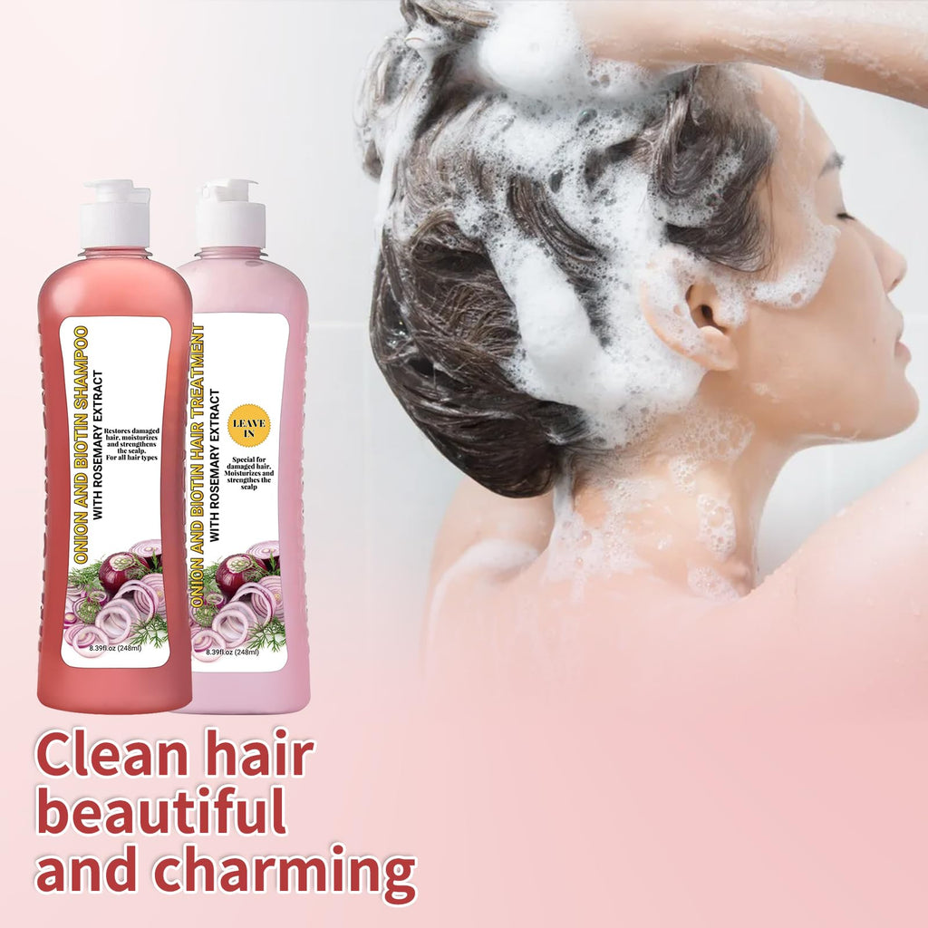 GROEI Onion Biotin Shampoo and Hair Treatment Set with Rosemary Extract – Strengthening and Moisturizing Hair Care (248ml x 2)